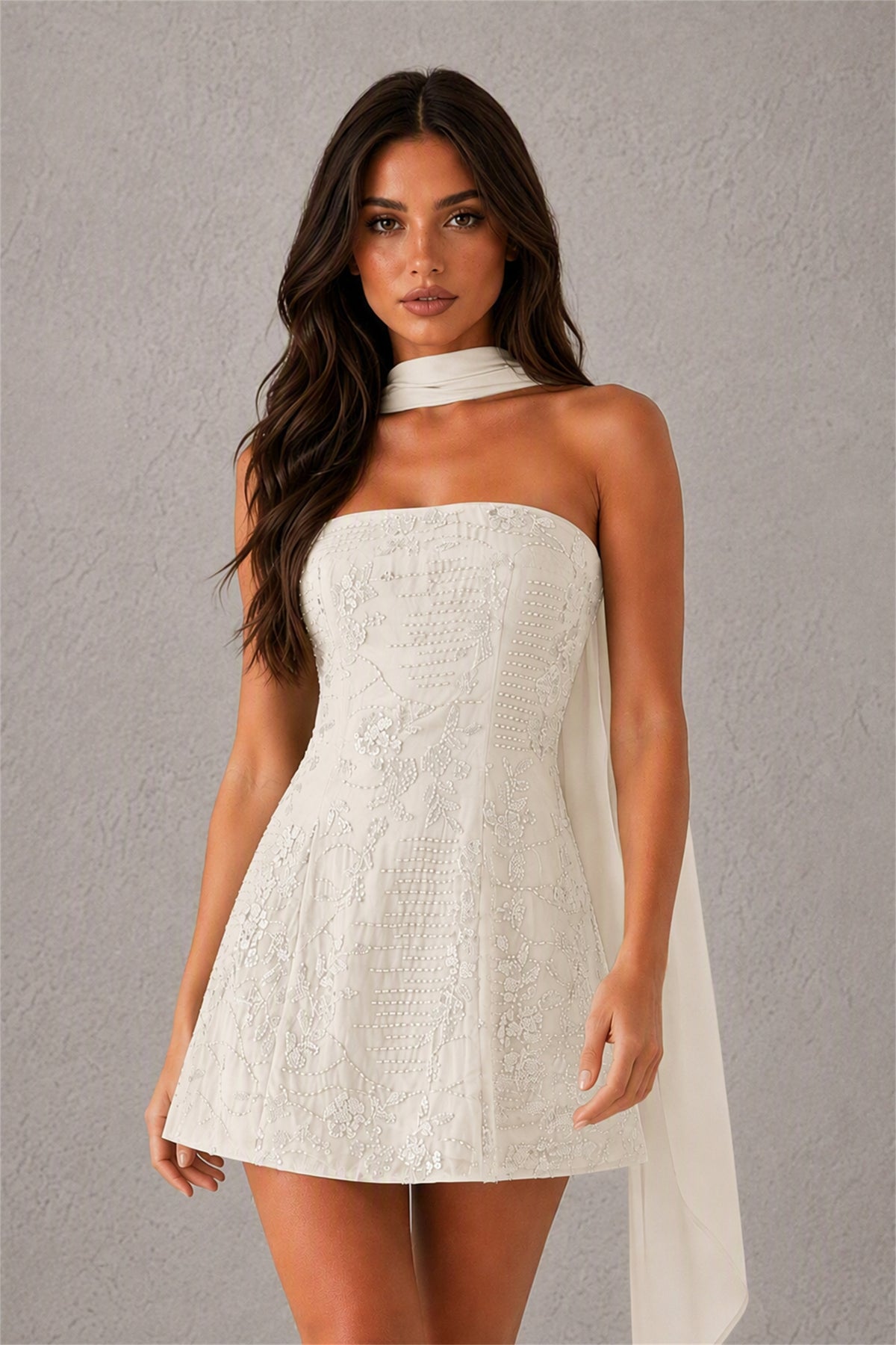 BOLODOO Champagne Strapless Sequin Floral Embroidered Mini Dress with Detachable Chiffon Neck Scarf - Champagne