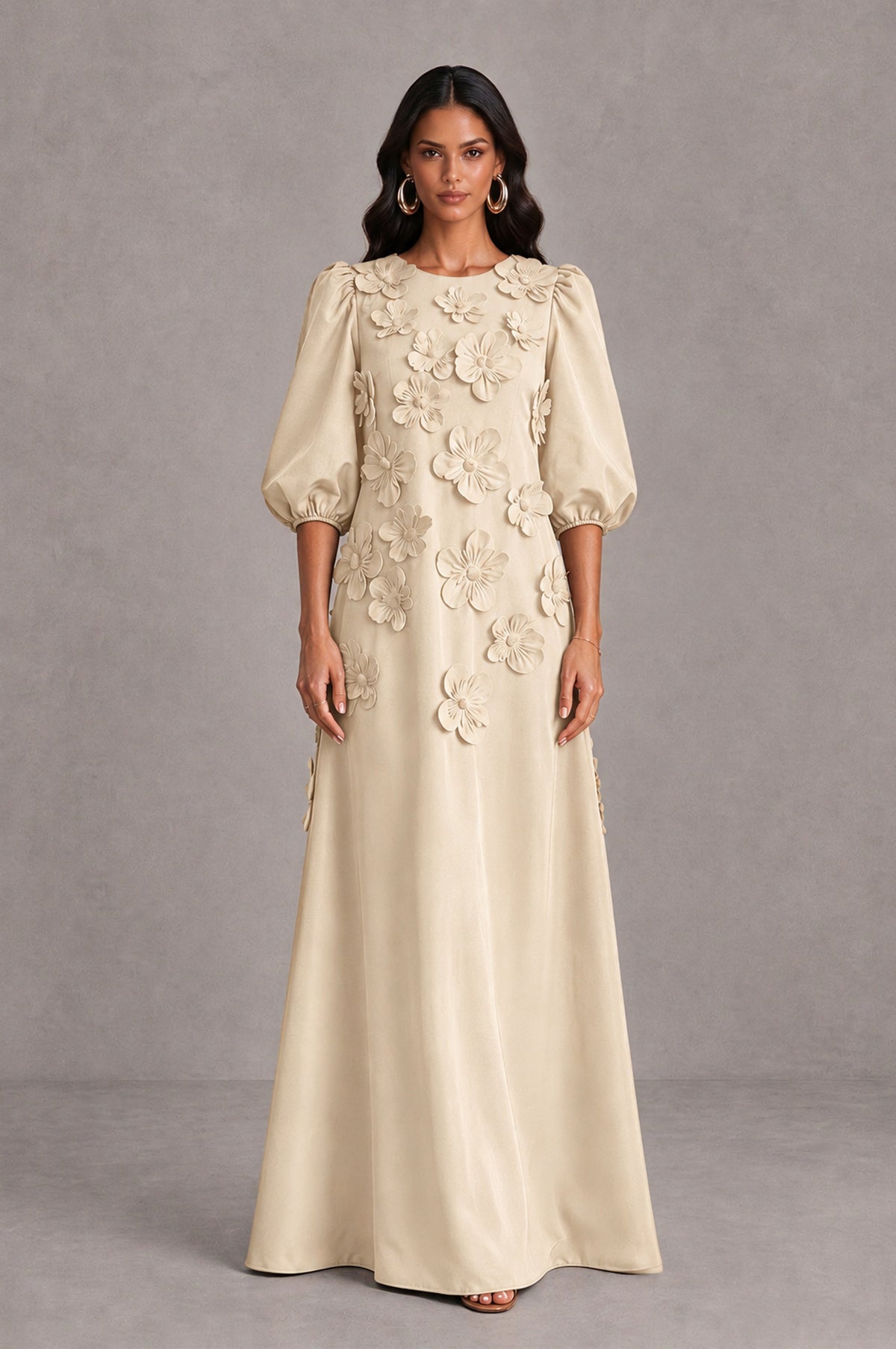 BOLODOO Champagne Floral Applique Puff Sleeve A-Line Evening Dress - Champagne - Champagne (1)