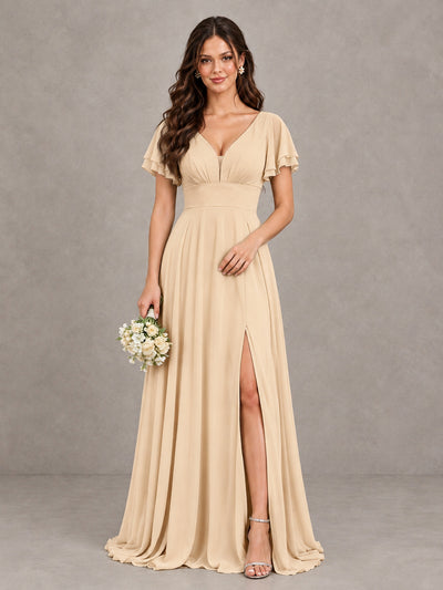 BOLODOO Champagne Flutter Sleeve Chiffon A-Line Maxi Bridesmaid Dress with Open Back & Slit - Champagne - Champagne (1)