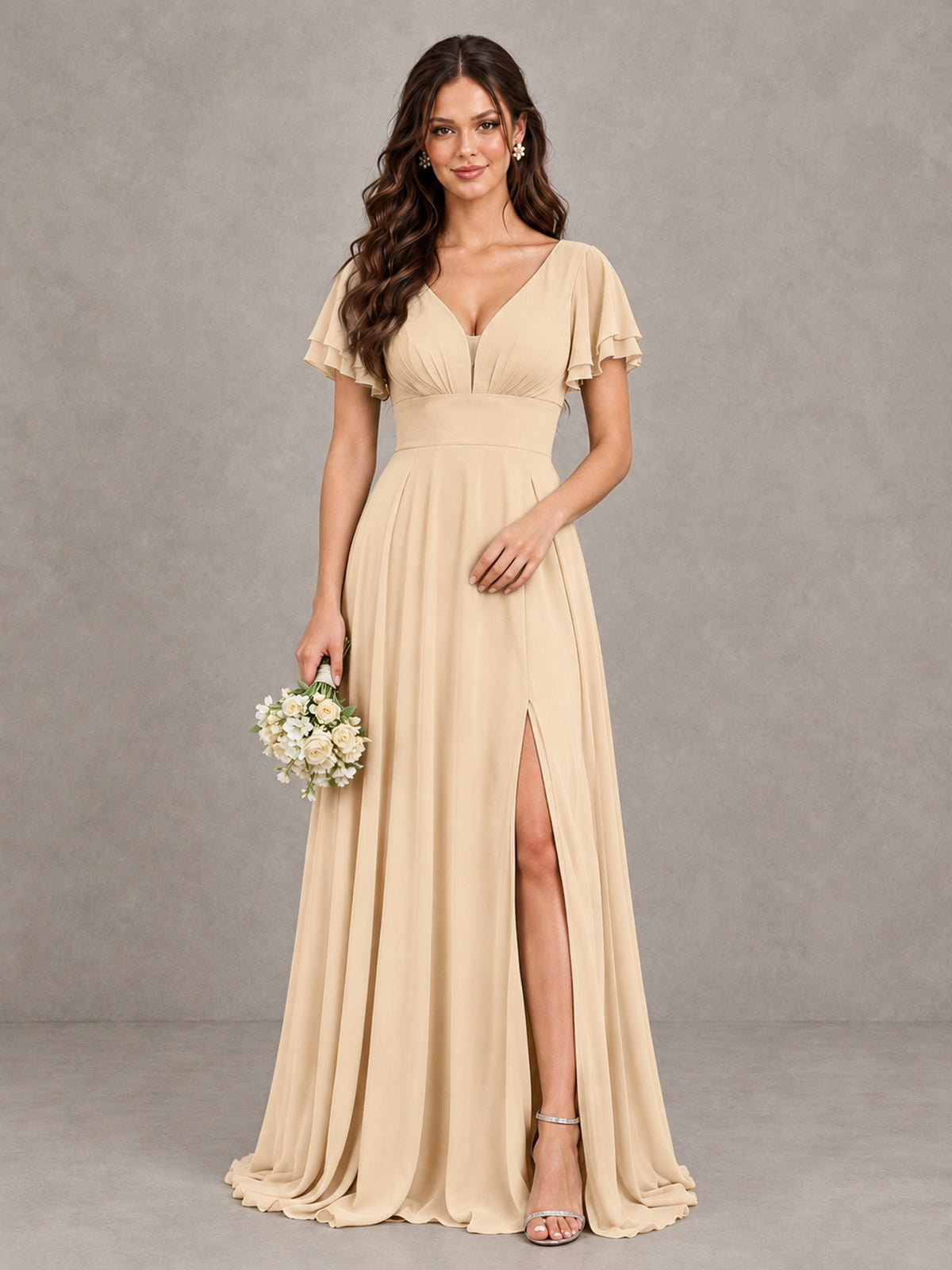 BOLODOO Champagne Flutter Sleeve Chiffon A-Line Maxi Bridesmaid Dress with Open Back & Slit - Champagne - Champagne (1)