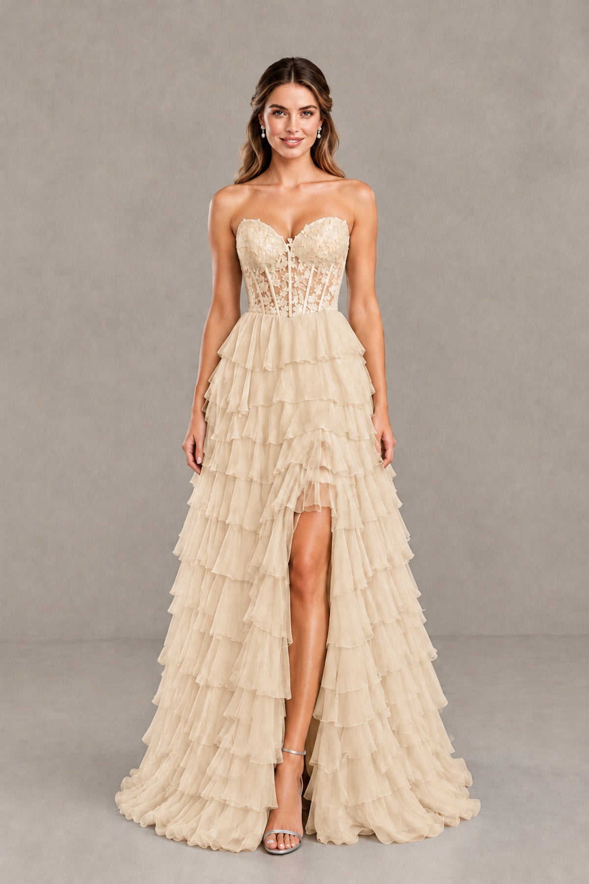 BOLODOO Champagne Strapless Lace Corset Tiered Ruffle Prom Dress with Slit - Champagne - Champagne (1)