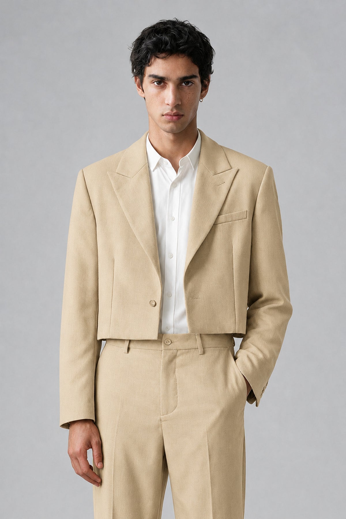 Bolodoo Men's Champagne Cropped Blazer & Wide-Leg Trousers 2-Piece Suit - Champagne - Champagne (1)