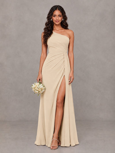 BOLODOO Champagne One-Shoulder Chiffon Bridesmaid Dress with Ruched Bodice & High Slit - Champagne - Champagne (1)