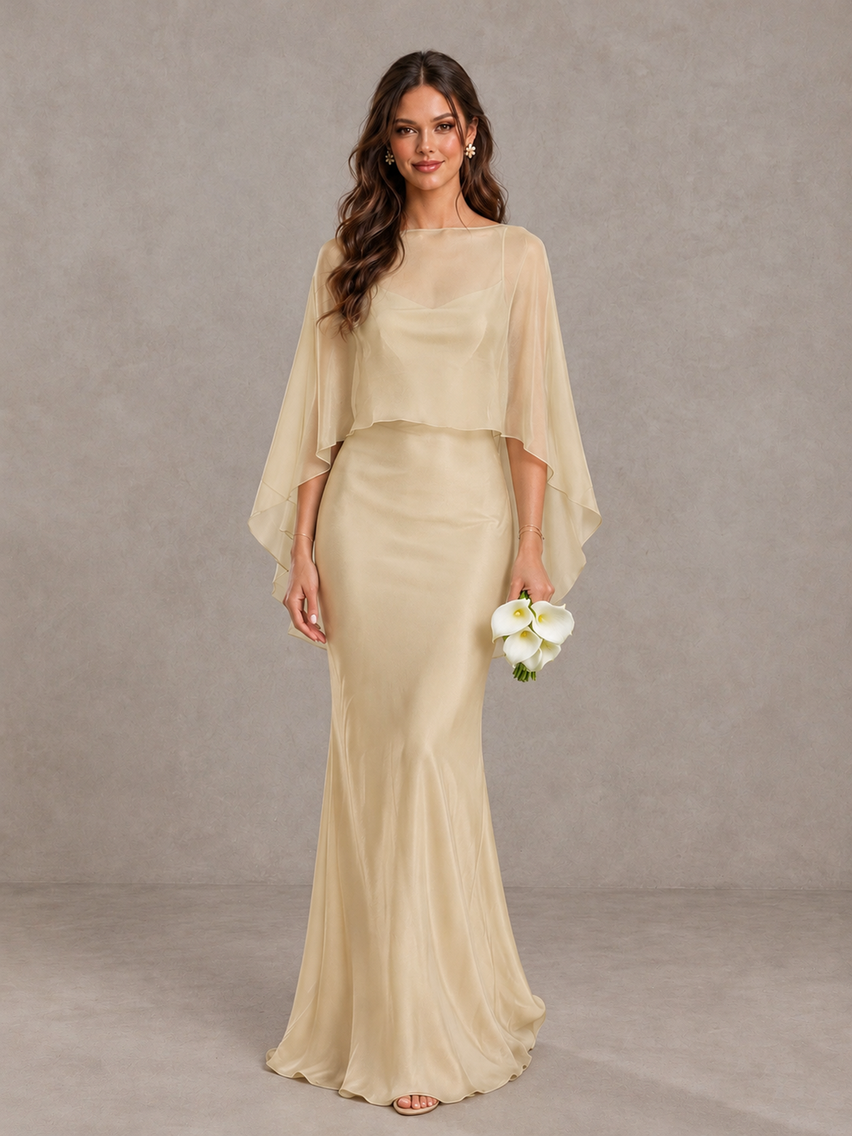 BOLODOO Champagne Satin Mermaid Bridesmaid Dress with Chiffon Cape - Champagne - Champagne (1)