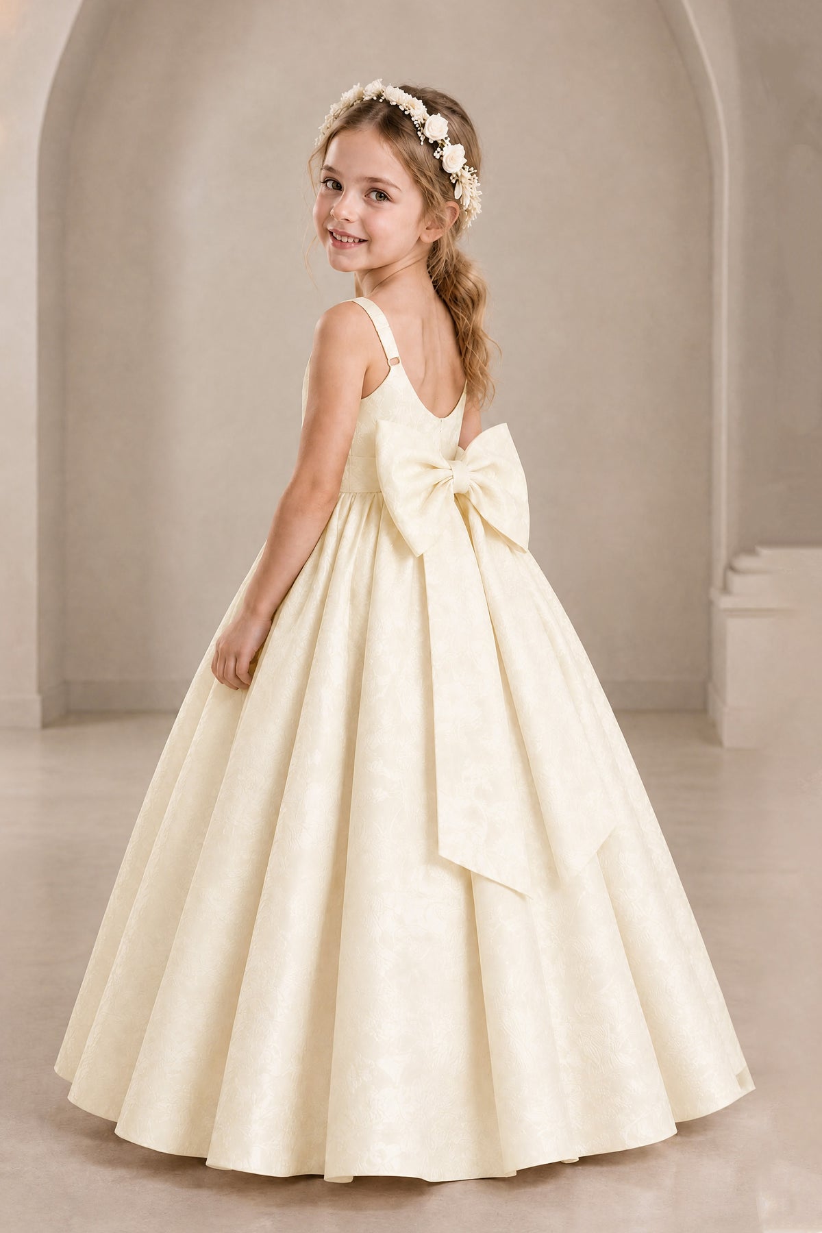 BOLODOO Champagne Girls' A-Line Flower Girl Dress with Back Bow - Champagne