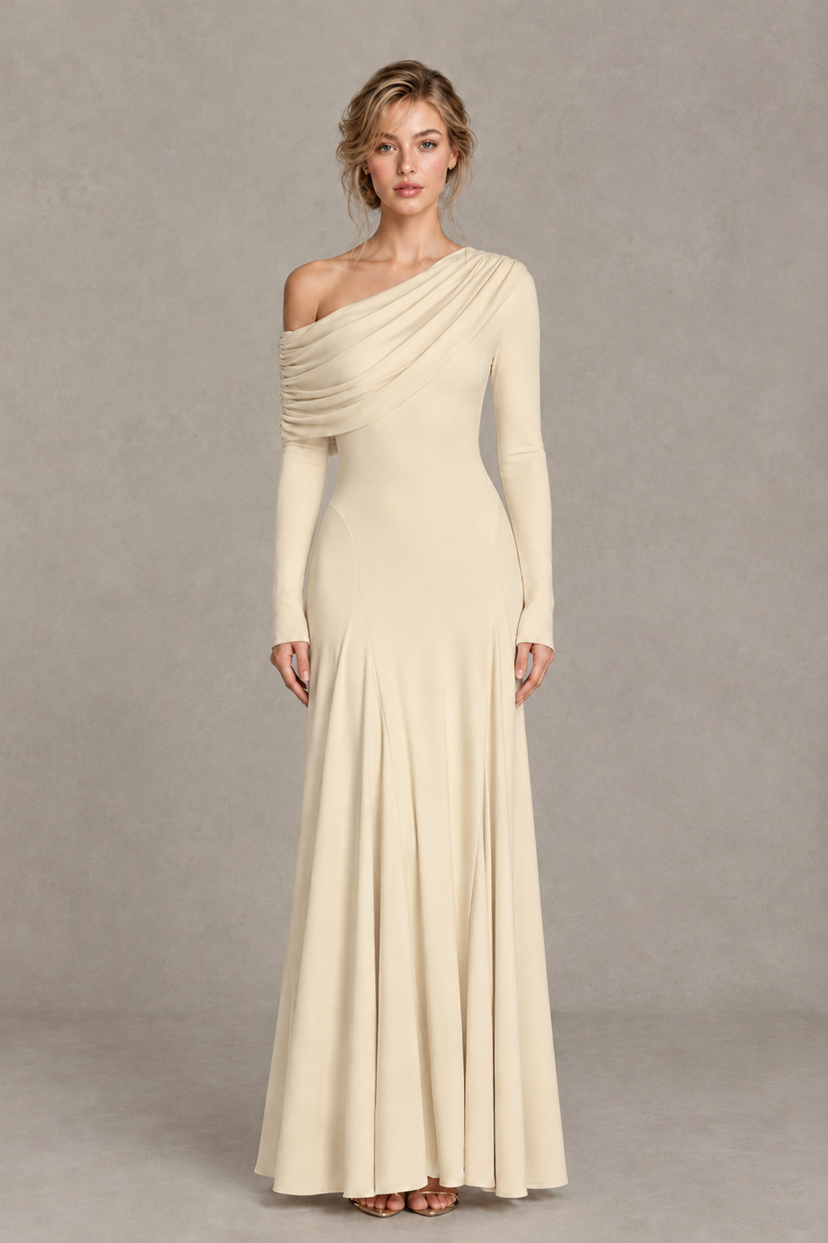 BOLODOO Champagne Asymmetric Draped Long Sleeve Evening Gown - Champagne
