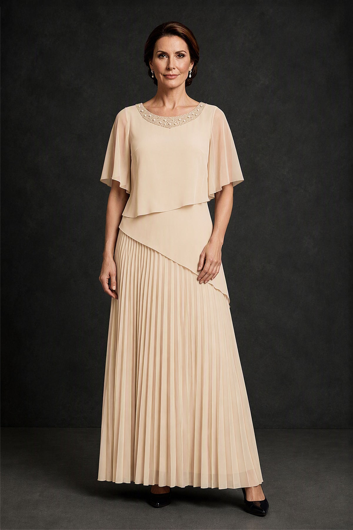 BOLODOO Champagne Pearl Beaded Neck Asymmetric Tiered Flutter Sleeve Pleated Chiffon Maxi Dress - Champagne