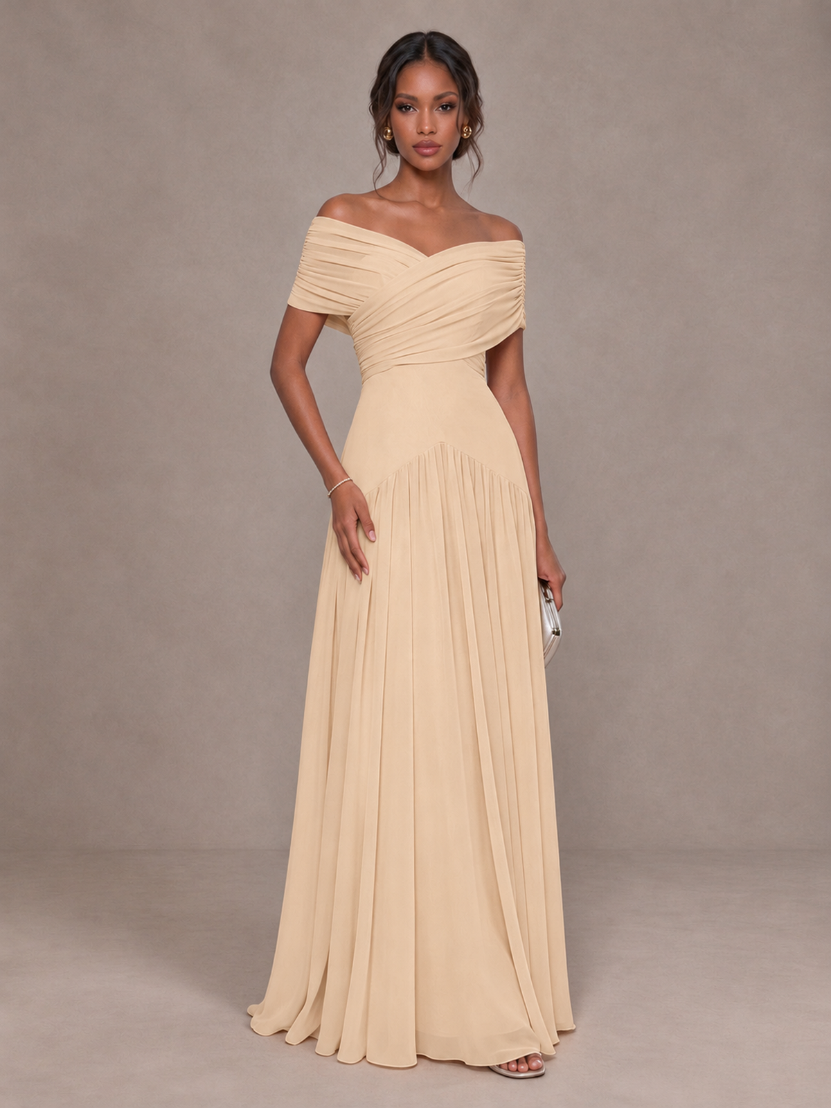 BOLODOO Champagne Off-Shoulder Ruched A-Line Bridesmaid Dress - Champagne - Champagne (1)