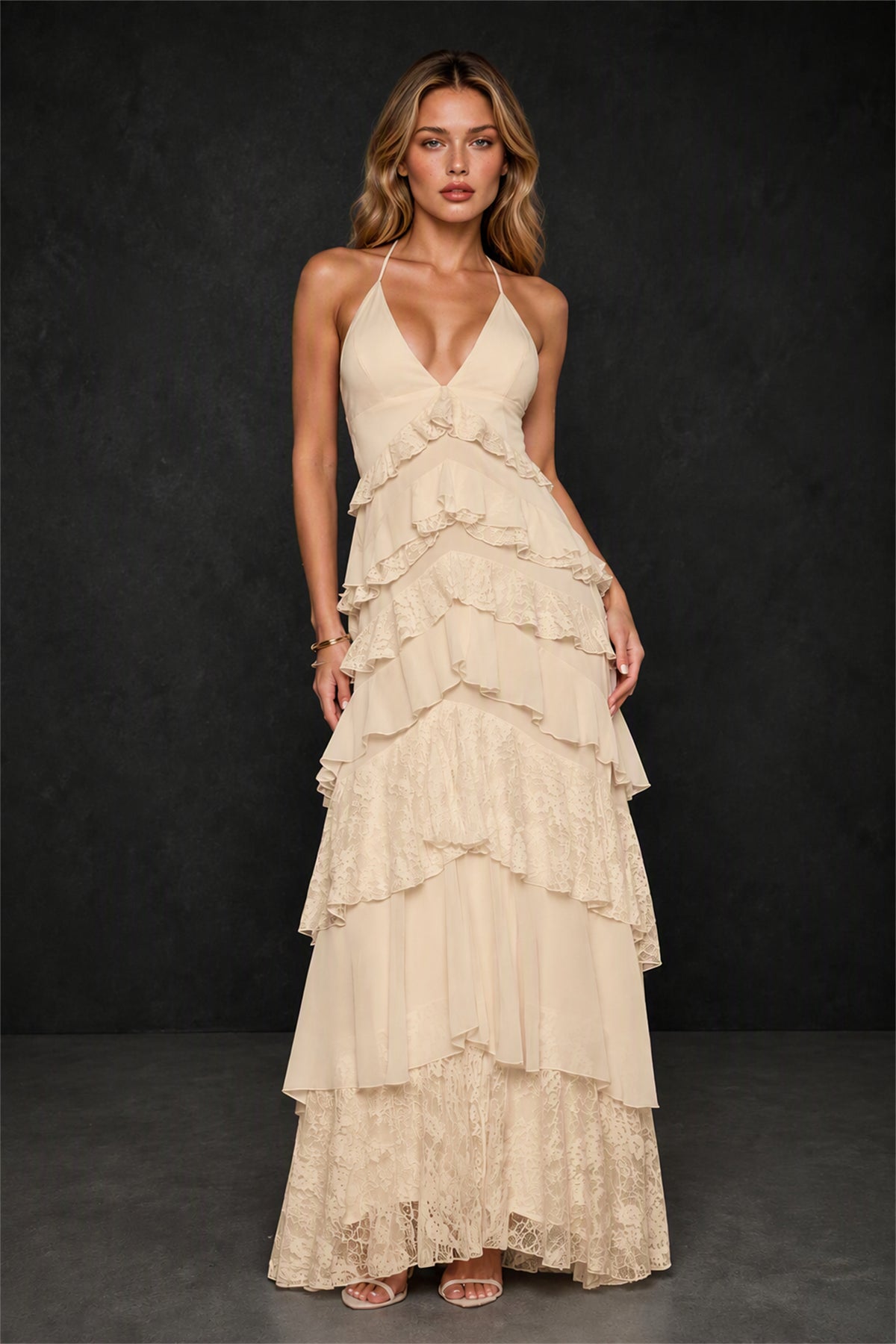 BOLODOO Champagne Tiered Ruffle Lace Halter Backless Maxi Dress - Champagne