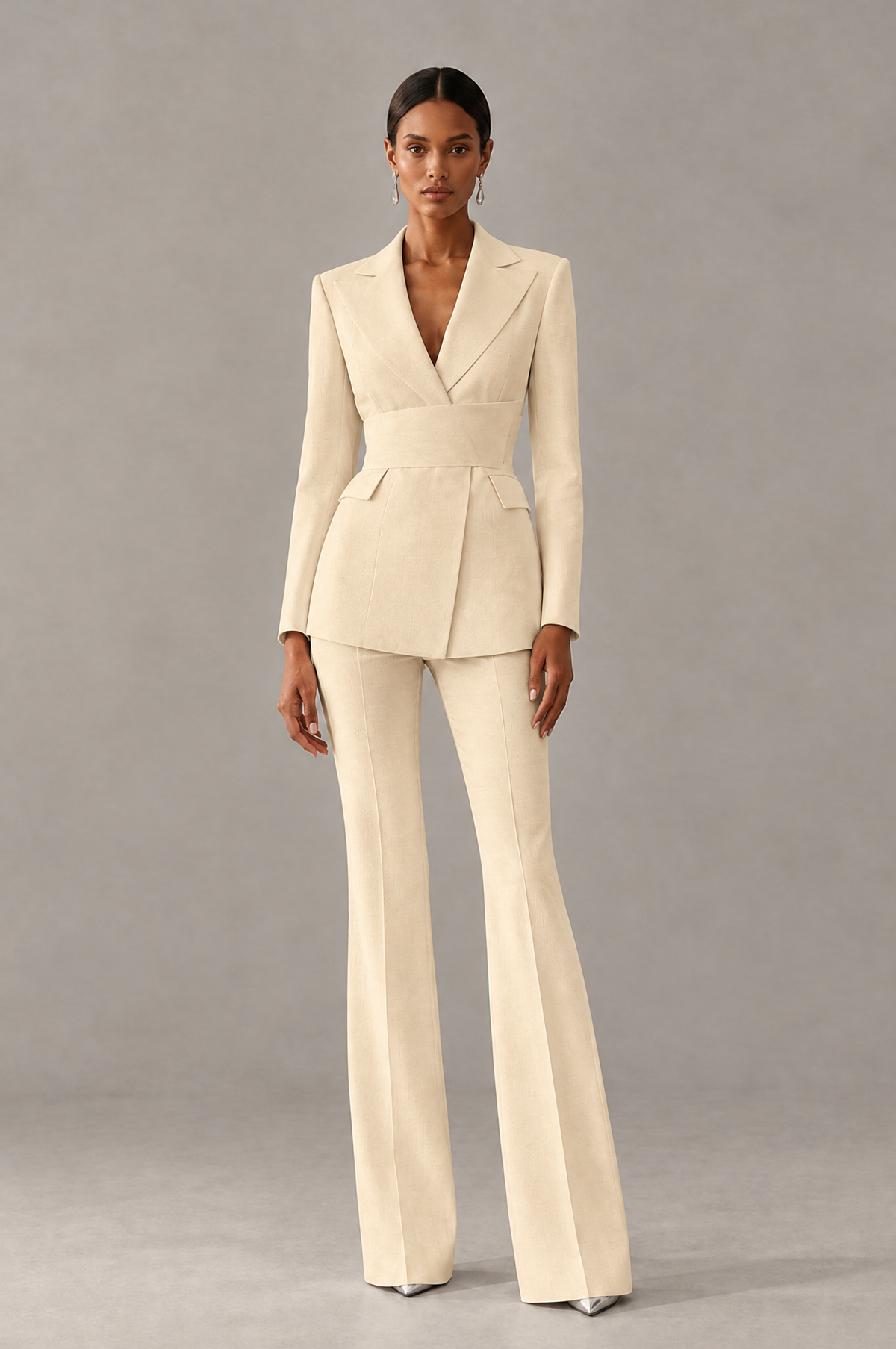 BOLODOO Champagne Two-Piece Pantsuit with Tailored Blazer & Flared Pants - Champagne - Champagne (1)