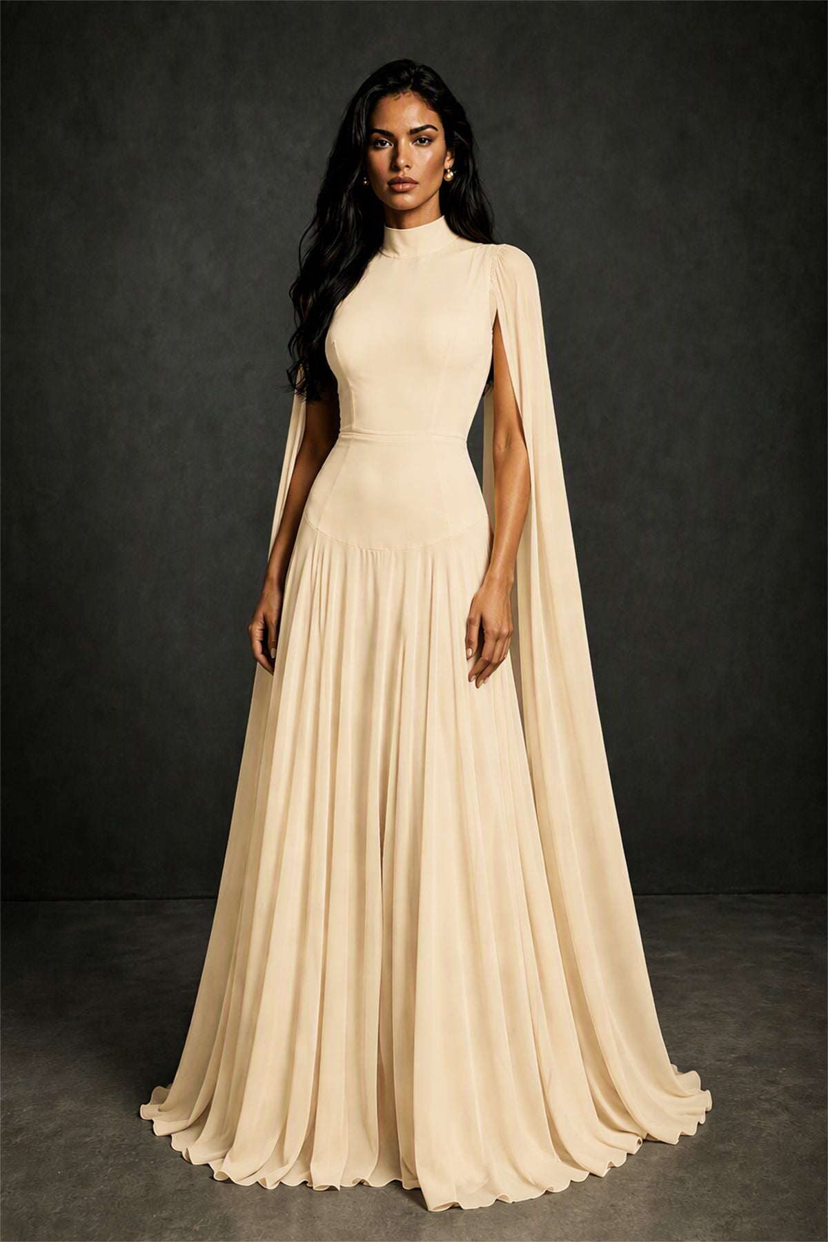 BOLODOO Champagne Mock Neck Cape Sleeve A-Line Chiffon Maxi Dress - Champagne