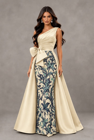 BOLODOO Champagne One Shoulder Satin Mermaid Formal Evening Gown with Bow - Champagne - Champagne (1)