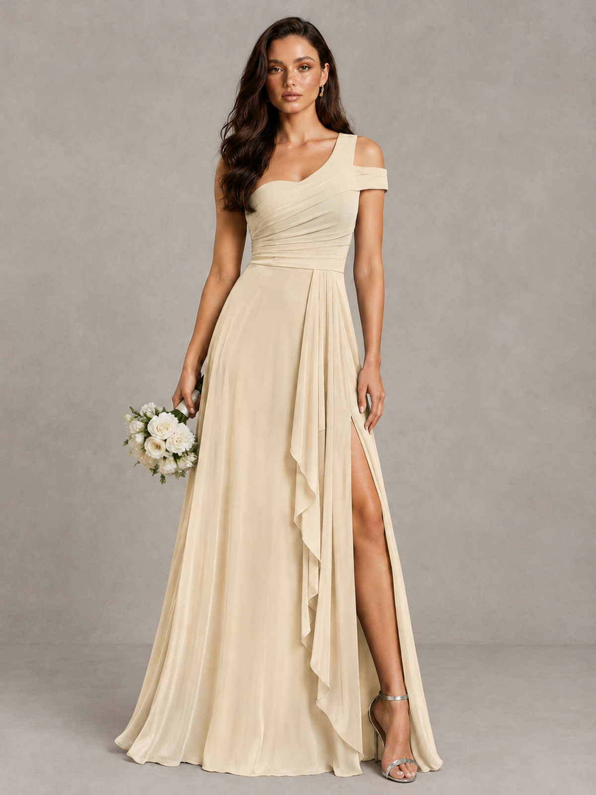 BOLODOO Champagne One-Shoulder Bridesmaid Dress with Side Slit - Champagne - Champagne (1)