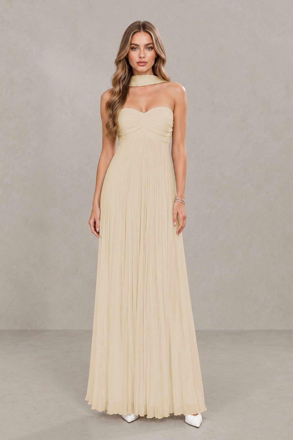 BOLODOO Champagne Strapless Chiffon-Look Maxi Dress with Lace-Up Back & Cape - Champagne