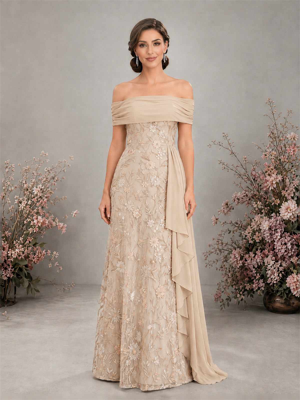 BOLODOO Champagne Floral Embroidered Off-Shoulder A-Line Floor Length Gown | Mother of the Bride & Evening - Champagne - Champagne (1)