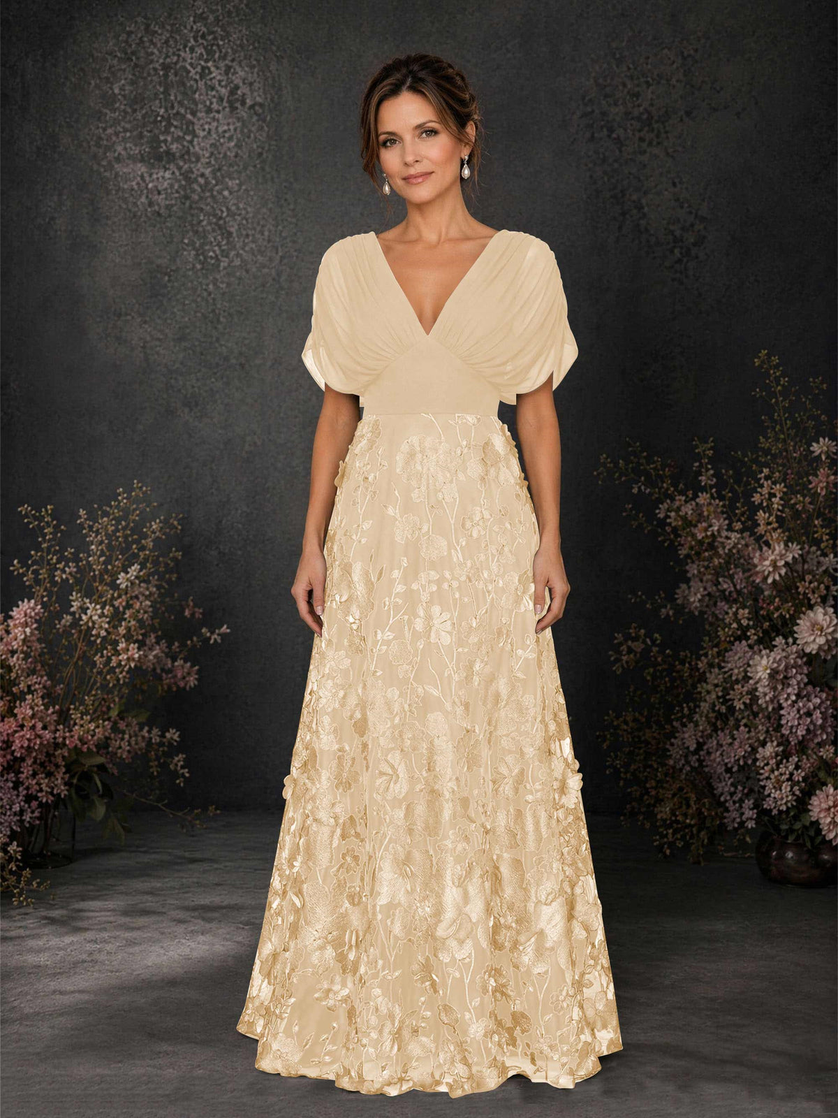 BOLODOO Champagne & Champagne Chiffon V-Neck Flutter Sleeve Floral Embroidered A-Line Gown BD0414 - Champagne