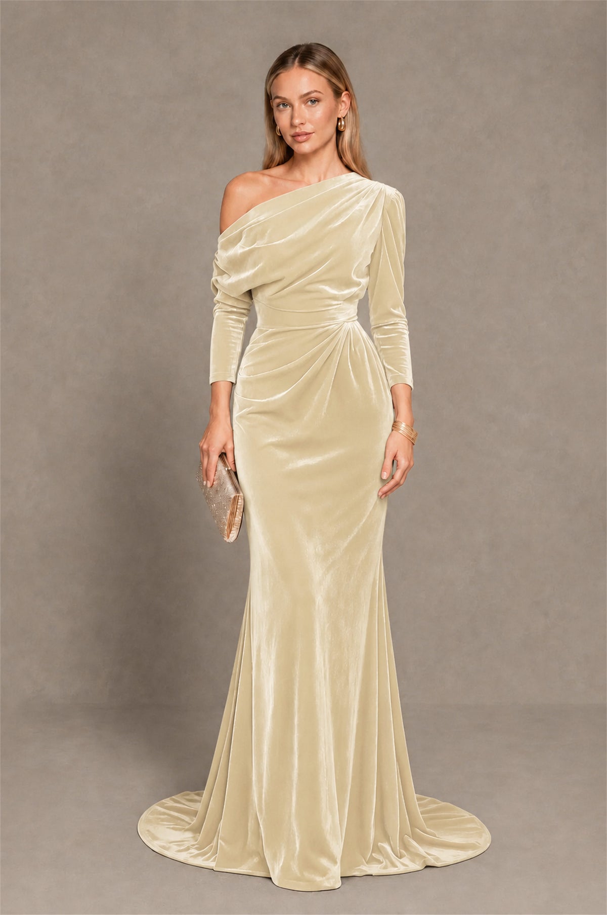 BOLODOO Champagne Velvet One-Shoulder Long Sleeve Evening Gown - Champagne
