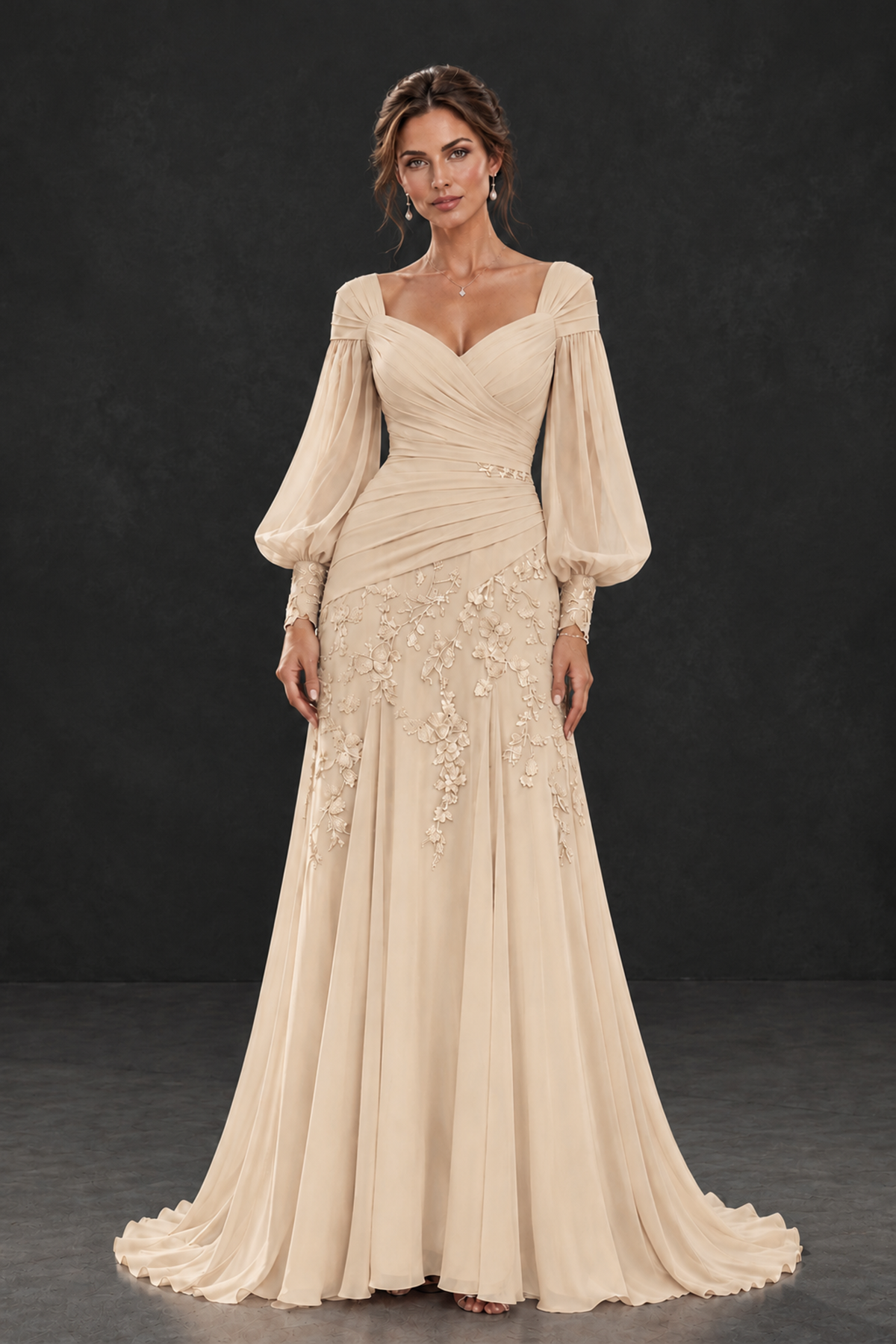 BOLODOO Champagne Long Sleeve Mother of the Bride Dress with Floral Appliqués - Champagne - Champagne (1)