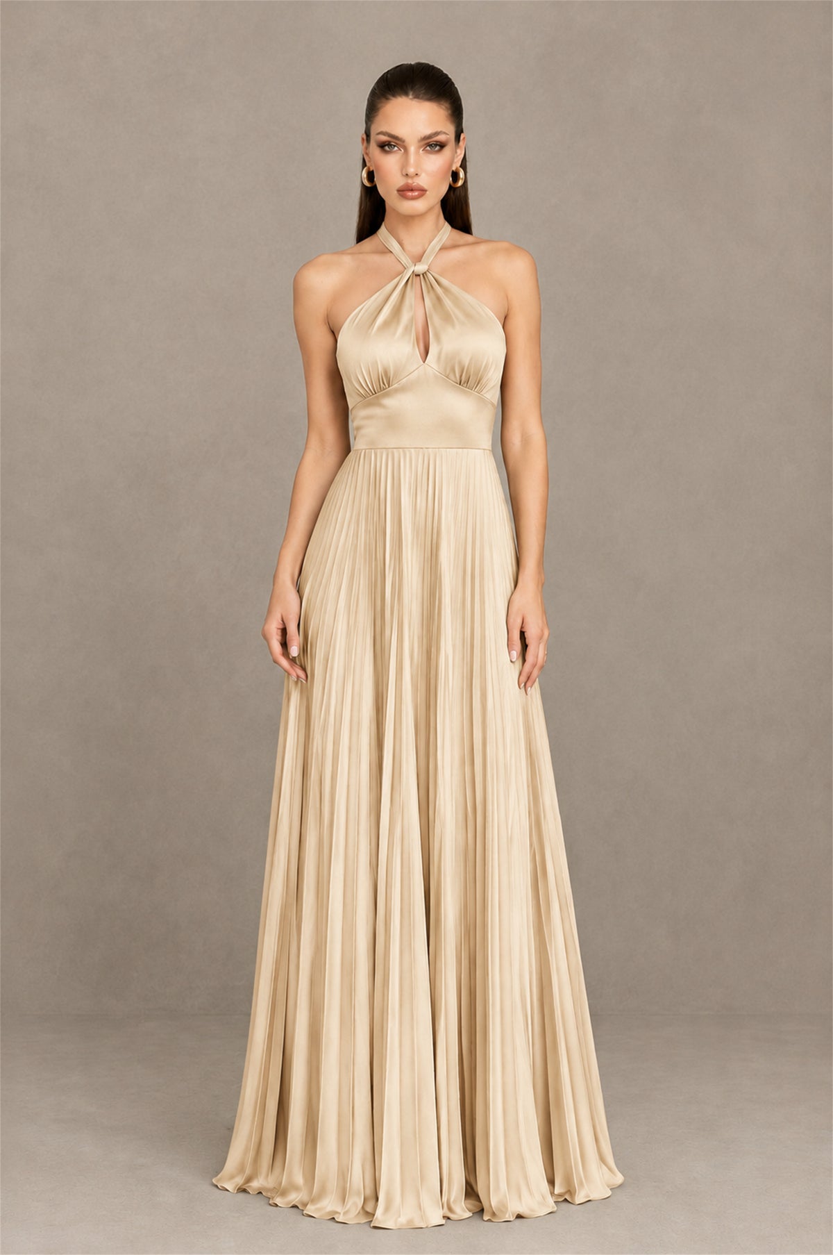 BOLODOO Champagne Halter Pleated A-Line Evening Dress - Champagne