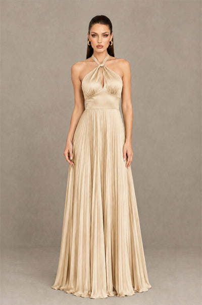 BOLODOO Champagne Halter Pleated A-Line Evening Dress - Champagne