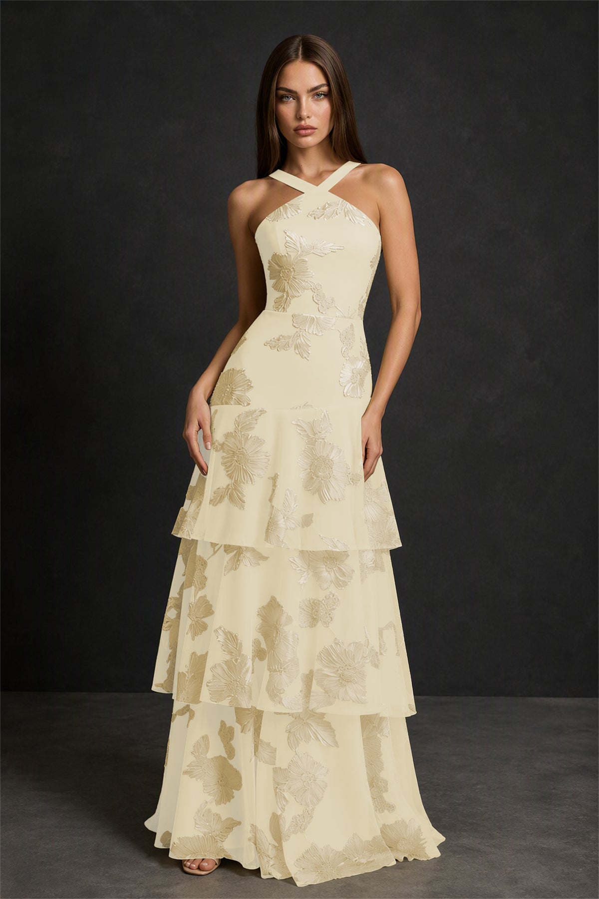 BOLODOO Champagne Crisscross Halter Neck Champagne Floral Embroidered Triple Tiered A-Line Tulle Maxi Dress - Champagne
