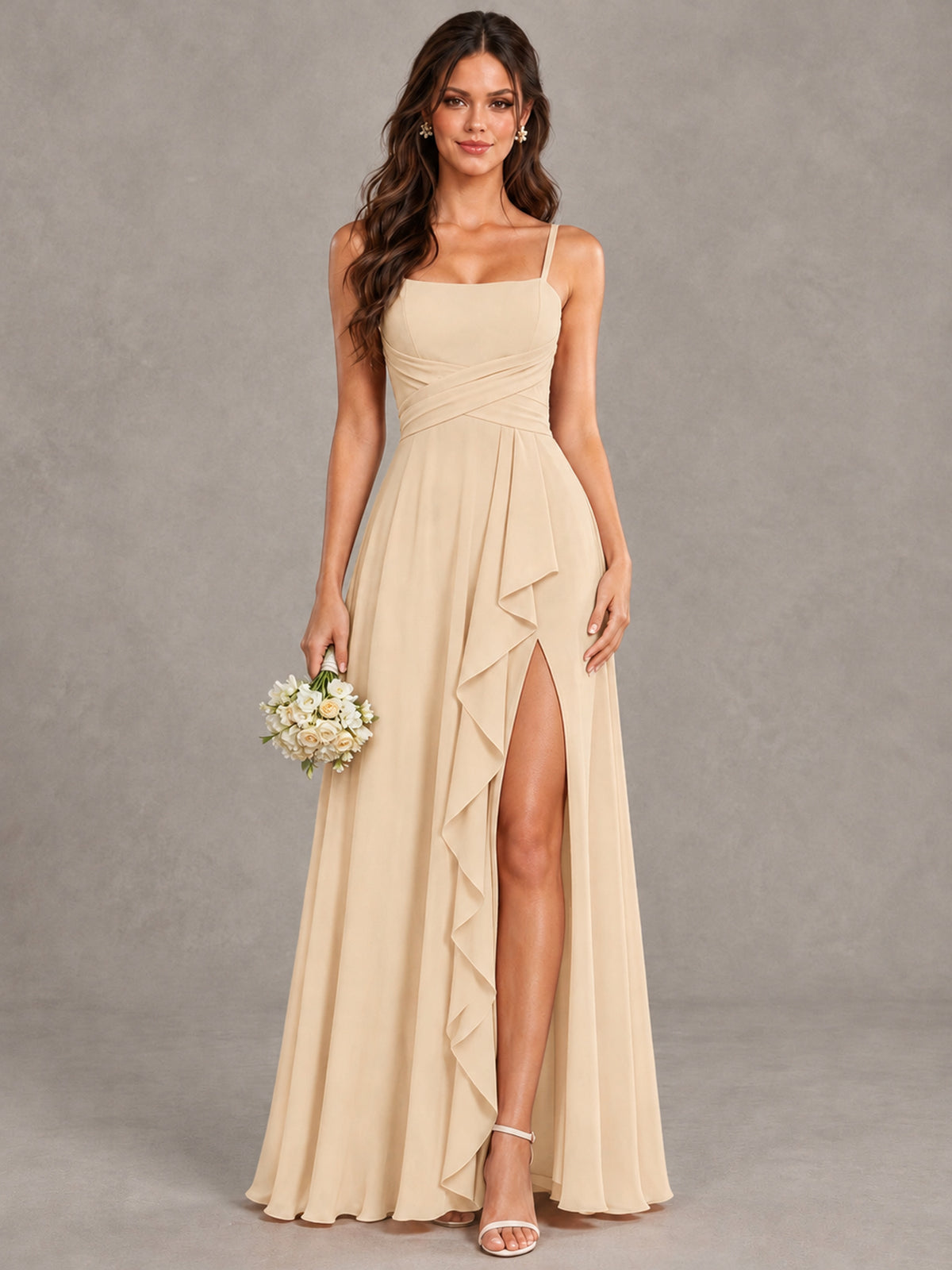 BOLODOO Champagne Spaghetti Strap Ruffle Bridesmaid Dress with Slit - Champagne - Champagne (1)