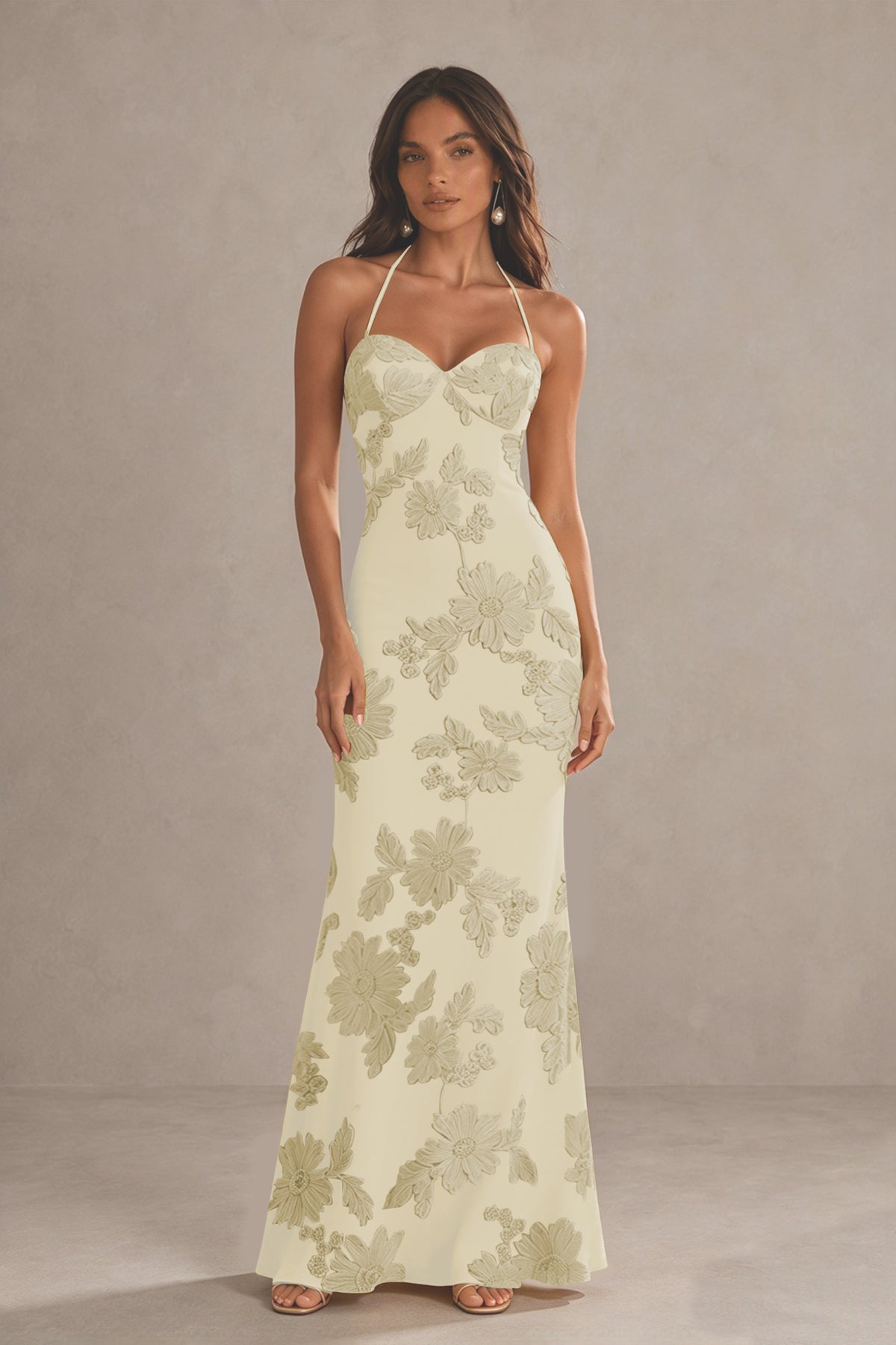 BOLODOO Champagne Halter Sweetheart Floral Embroidered Lace-Up Open Back Maxi Dress | BD0257 - Champagne