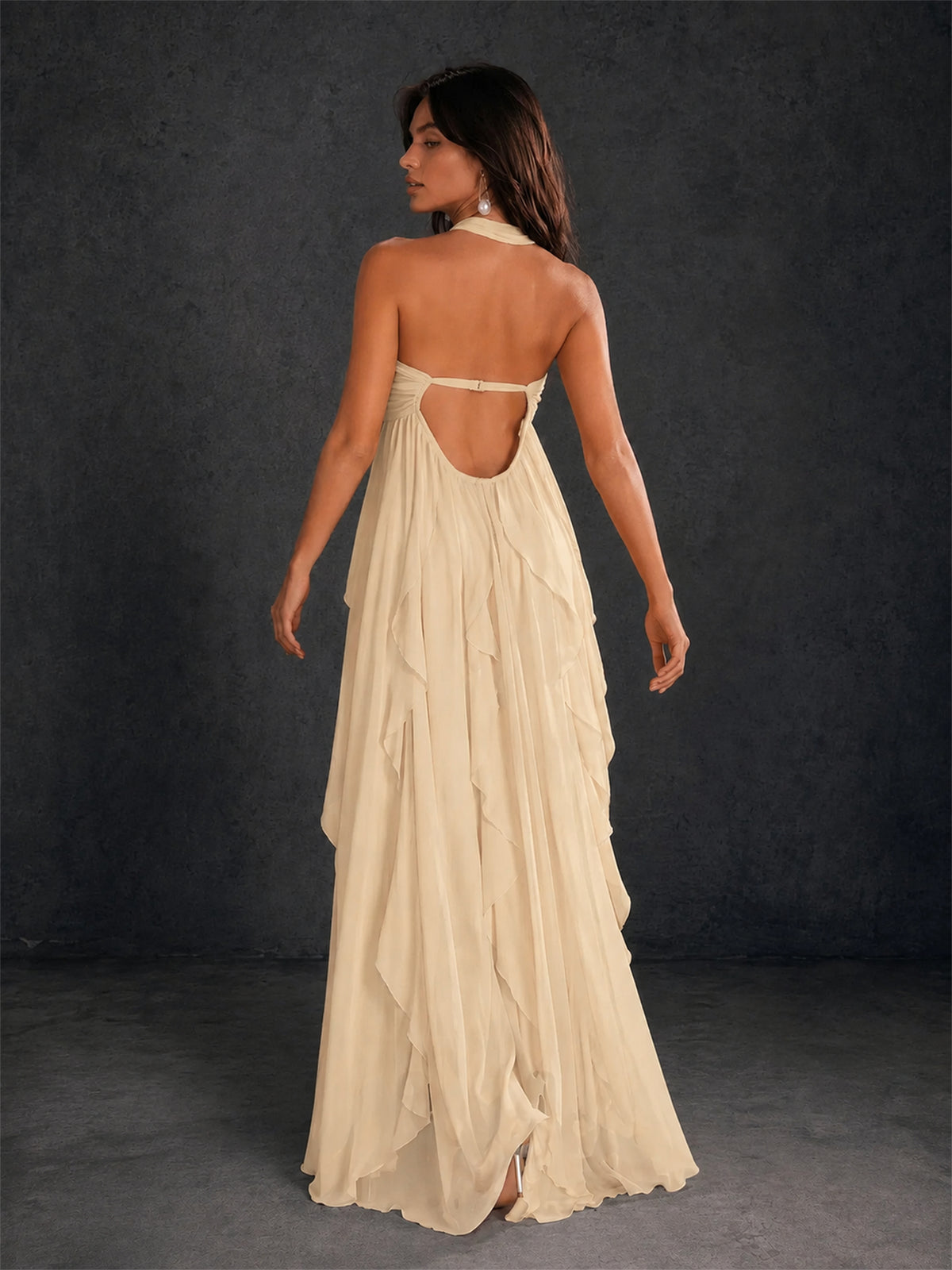 BOLODOO Champagne Halter Neck Cascading Ruffle Chiffon Maxi Dress | Keyhole Open Back - Champagne