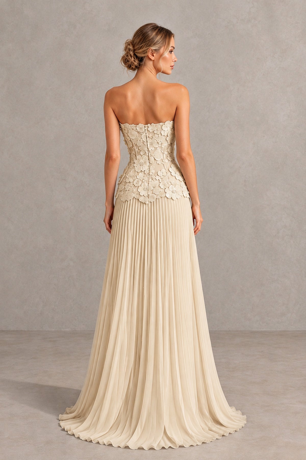 BOLODOO Champagne Strapless Floral Applique Pleated Evening Dress - Champagne - Champagne (2)