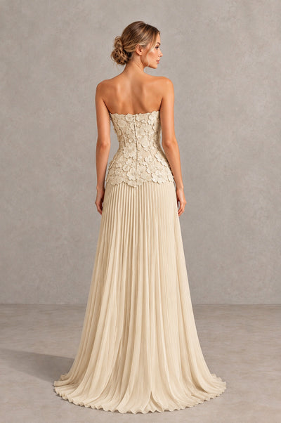 BOLODOO Champagne Strapless Floral Applique Pleated Evening Dress - Champagne - Champagne (2)