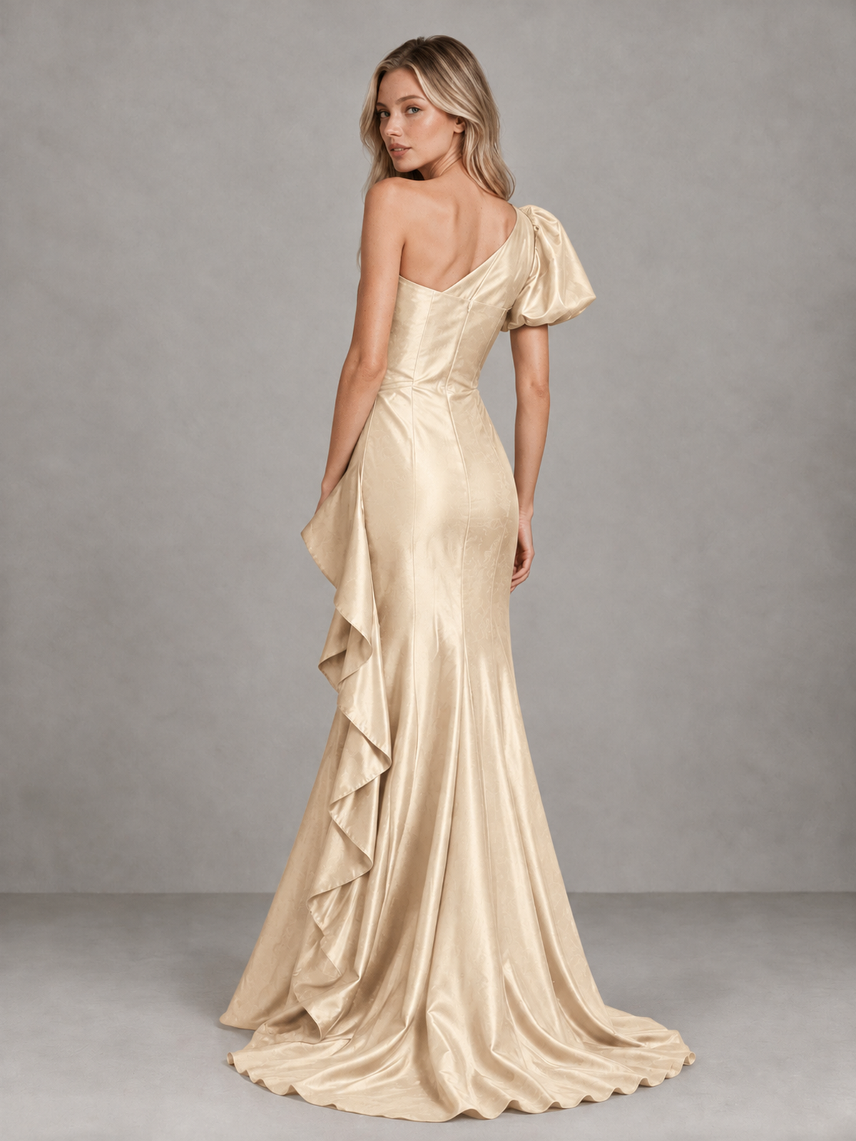 BOLODOO Champagne One-Shoulder Satin-Look Mermaid Evening Dress with Ruffles - Champagne - Champagne (2)