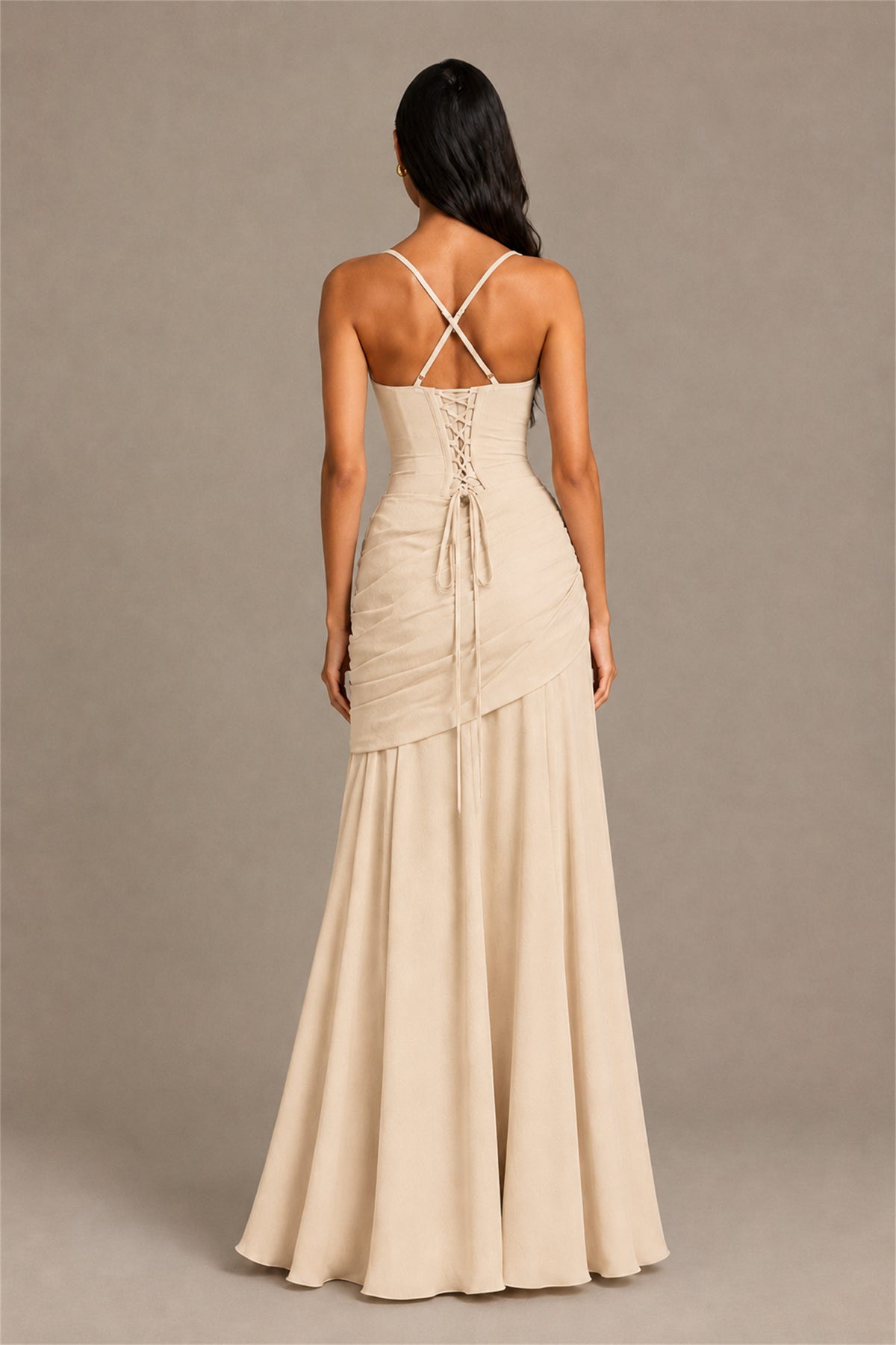 BOLODOO Square Neck Ruched A-Line Maxi Dress - Champagne Backless Evening Gown - Champagne