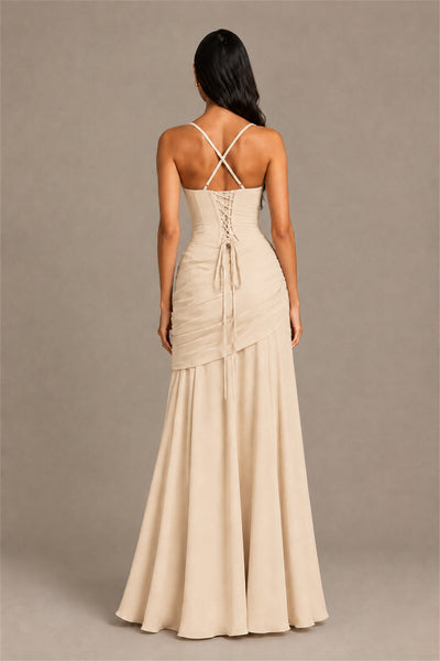BOLODOO Square Neck Ruched A-Line Maxi Dress - Champagne Backless Evening Gown - Champagne