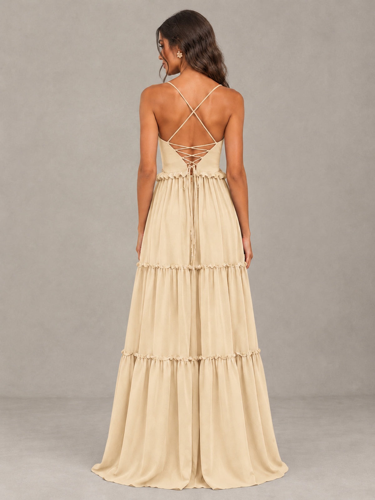 BOLODOO Champagne Tiered V-Neck Lace-Up Back Bridesmaid Dress - Champagne - Champagne (2)