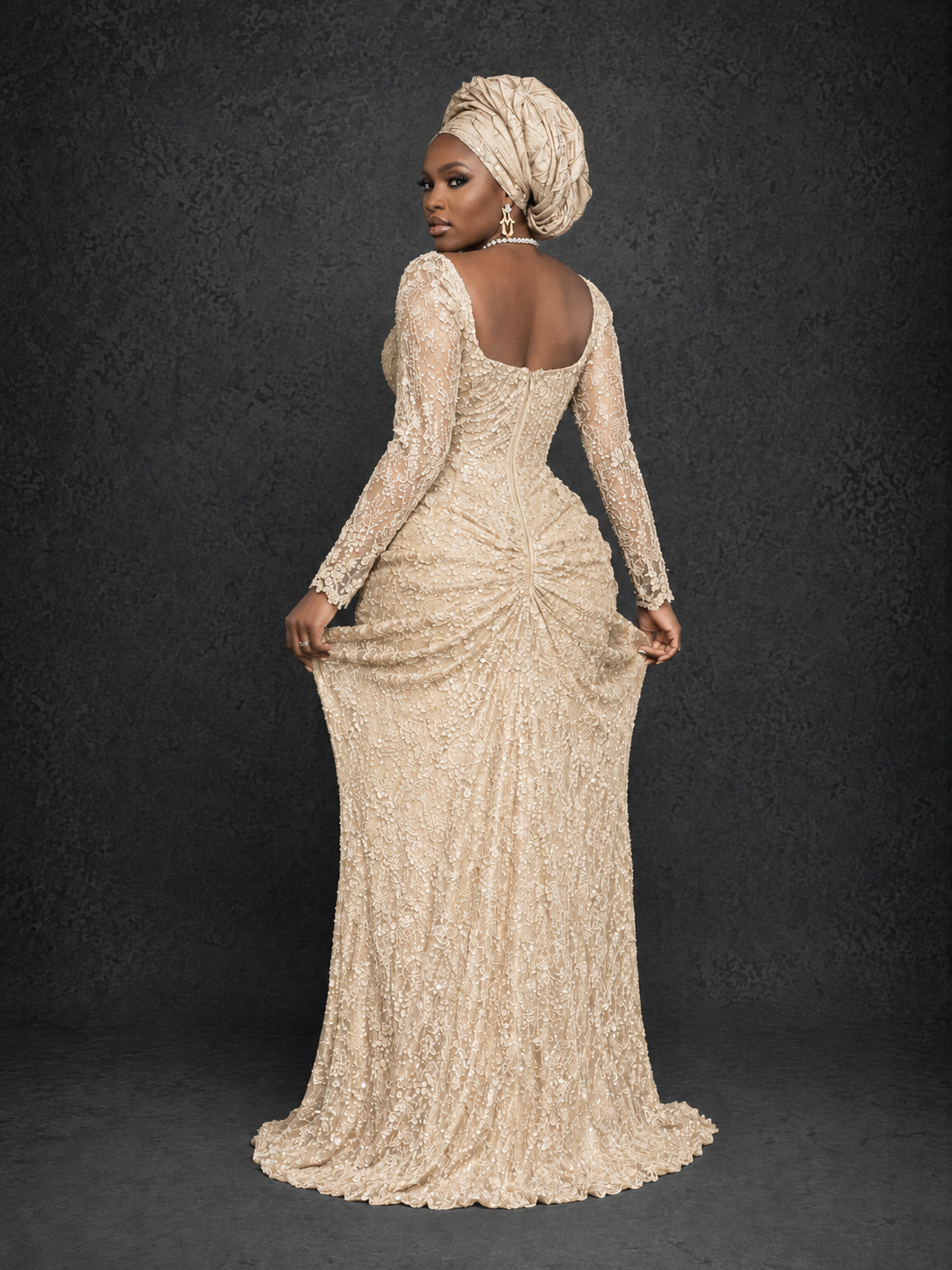 BOLODOO Champagne Beaded Lace Long Sleeve Mermaid Gown Sweetheart | Mother of the Bride - Champagne