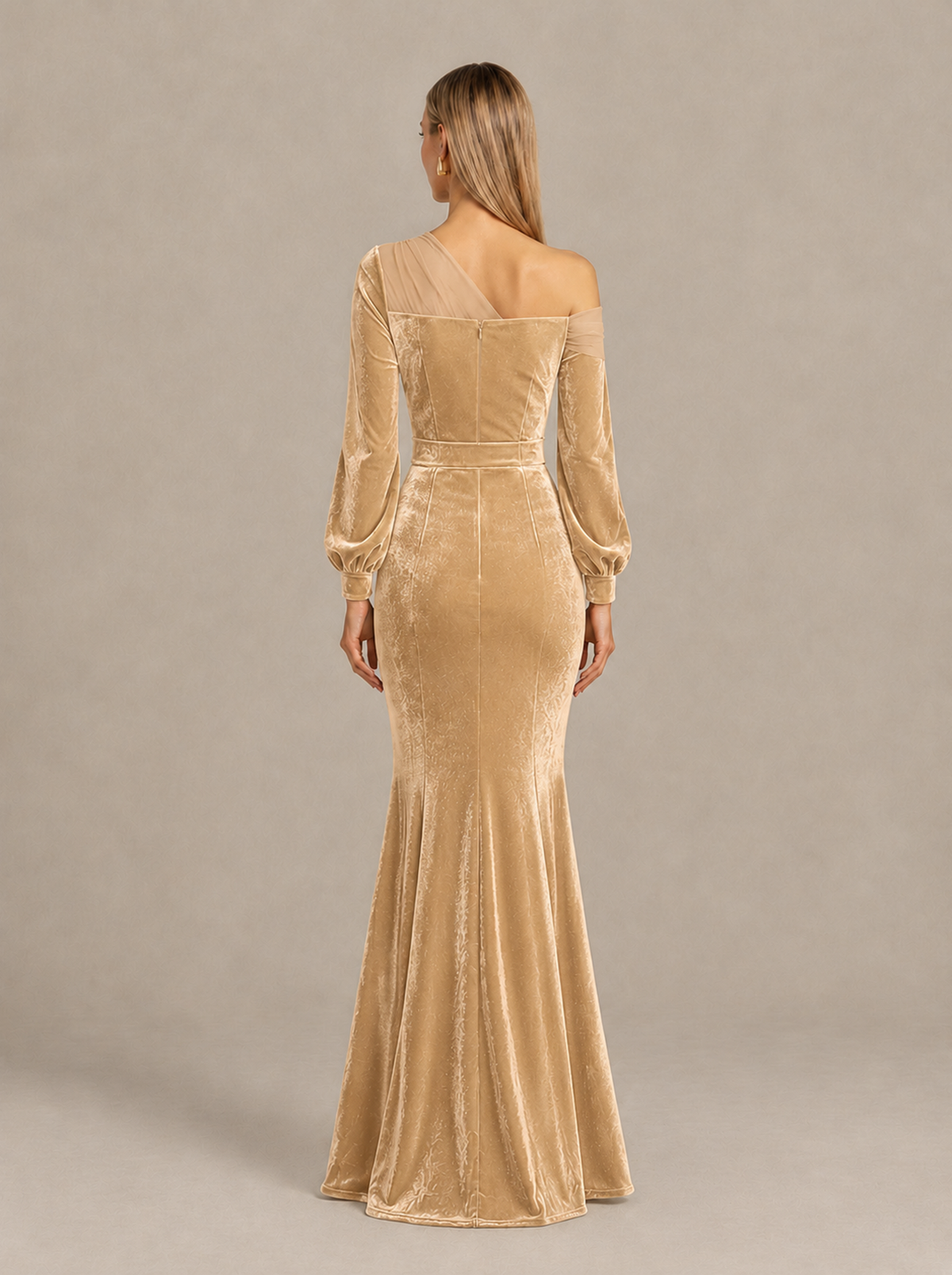 BOLODOO Champagne Velvet Mermaid Evening Dress with Long Sleeves - Champagne - Champagne (2)