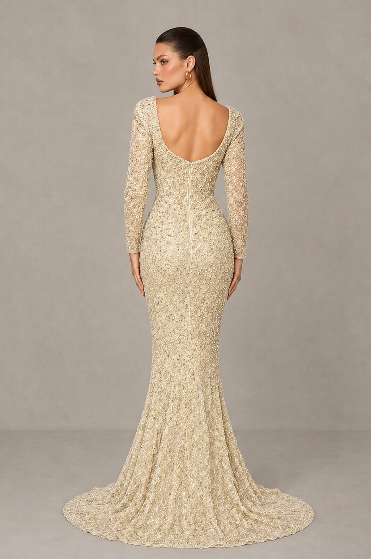 BOLODOO Champagne Sequin Long Sleeve Evening Gown with High Slit - Champagne - Champagne (2)