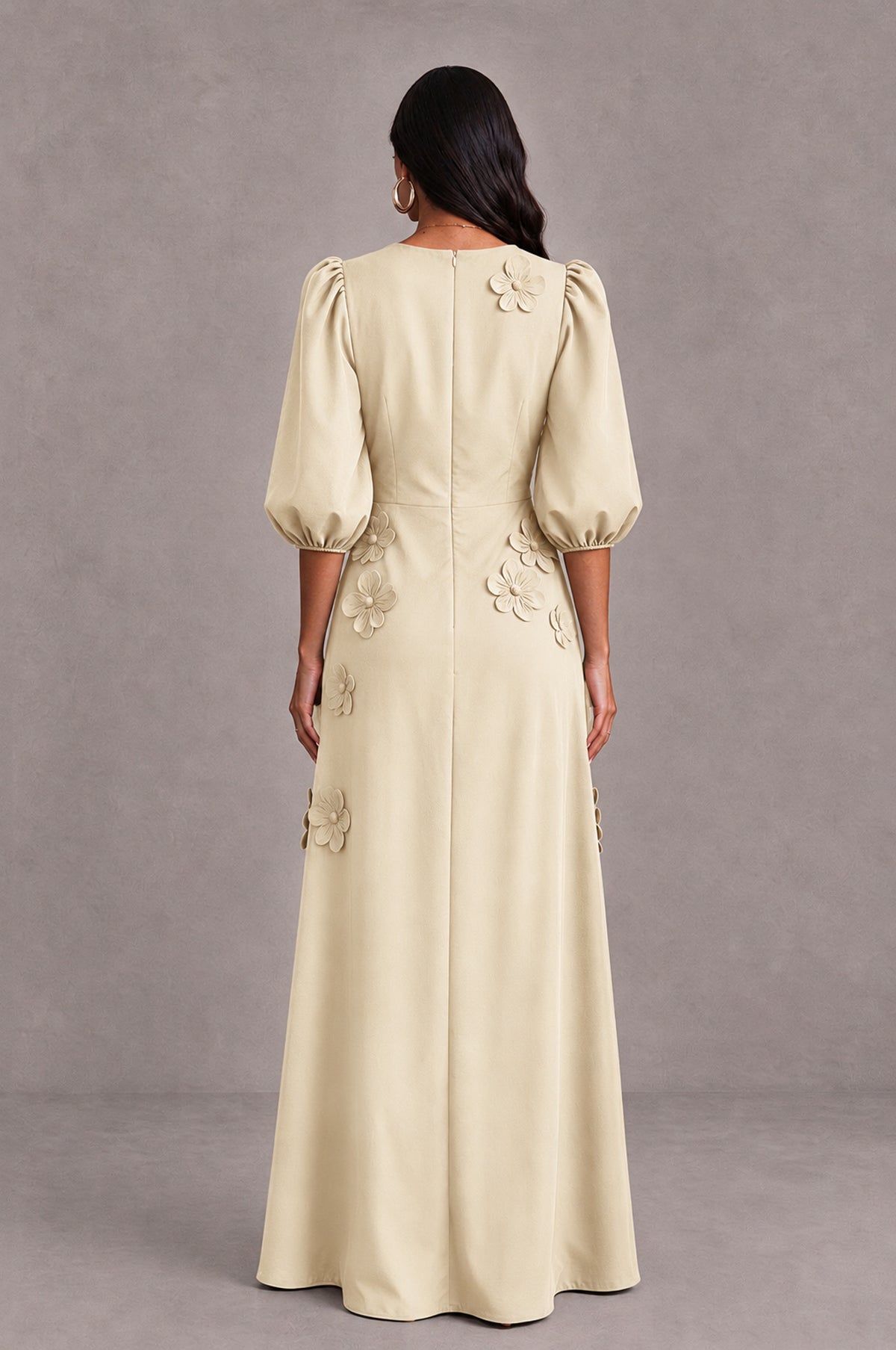 BOLODOO Champagne Floral Applique Puff Sleeve A-Line Evening Dress - Champagne - Champagne (2)