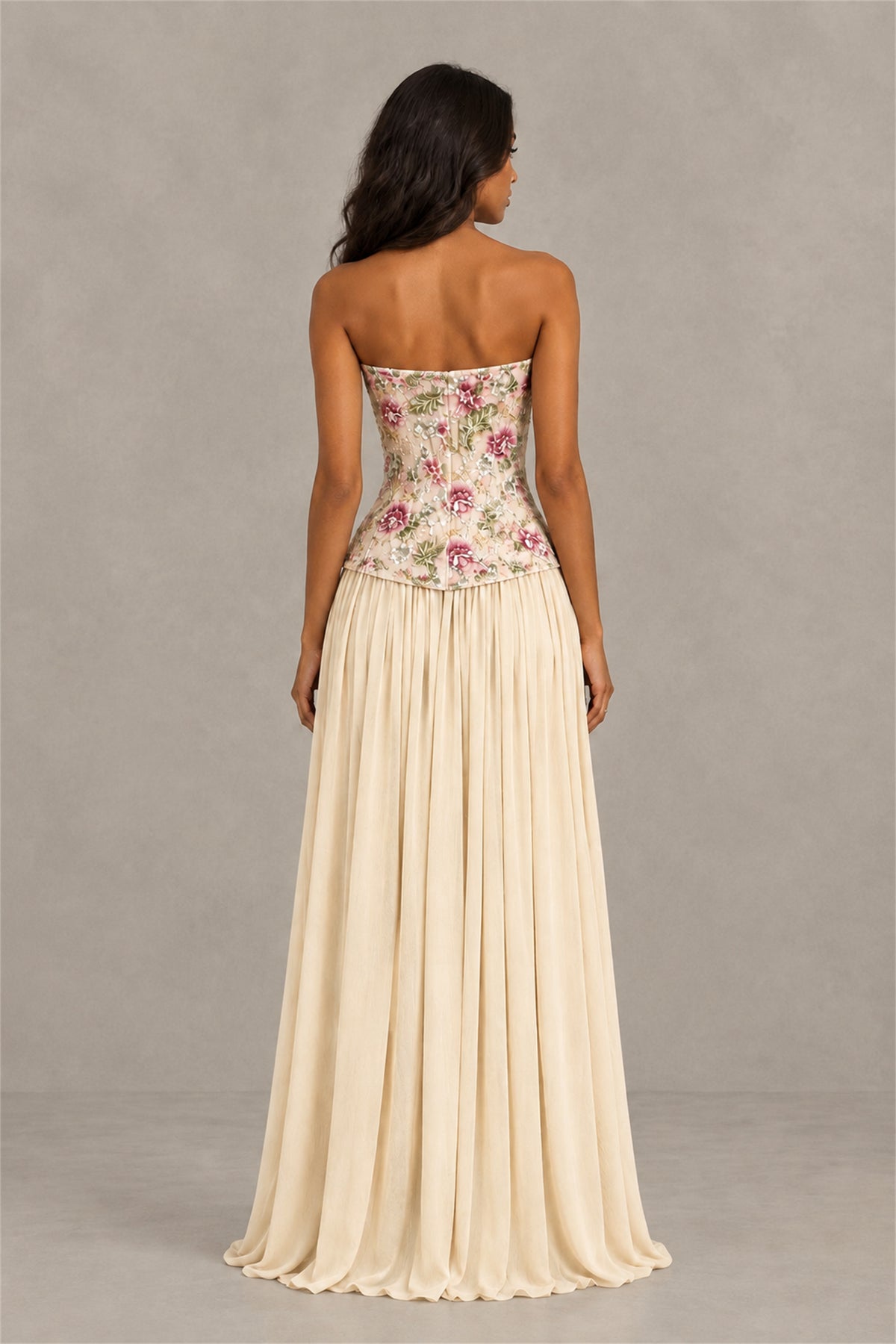 BOLODOO Champagne Strapless Floral Beaded Chiffon Maxi Dress - Champagne