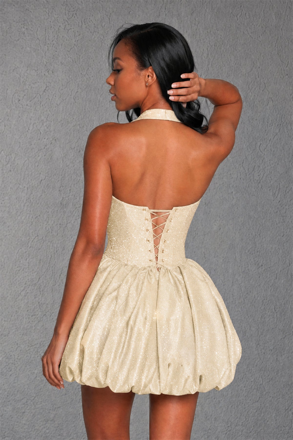 BOLODOO Champagne Glitter Halter Neck Corset Bubble Mini Dress with Lace-Up Open Back - Champagne