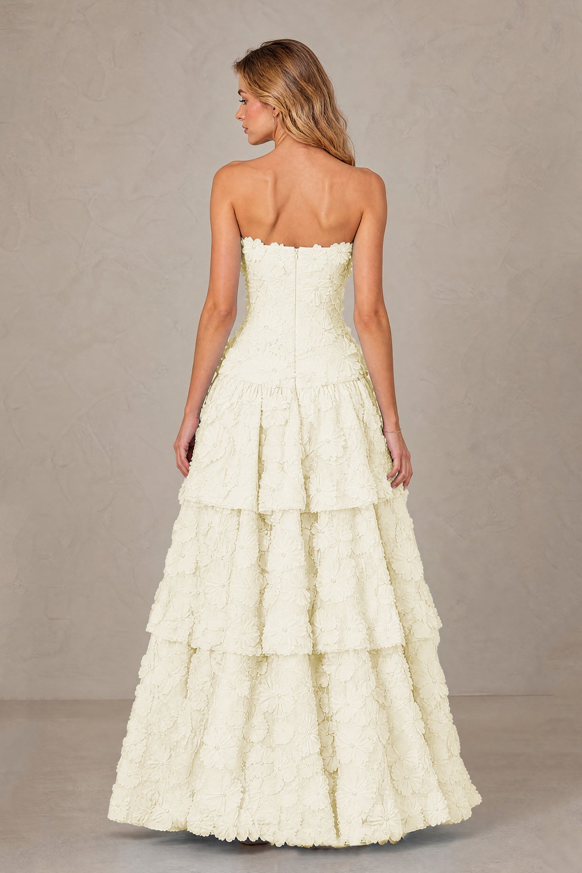 BOLODOO Champagne Strapless 3D Floral Tiered Evening Gown - Champagne