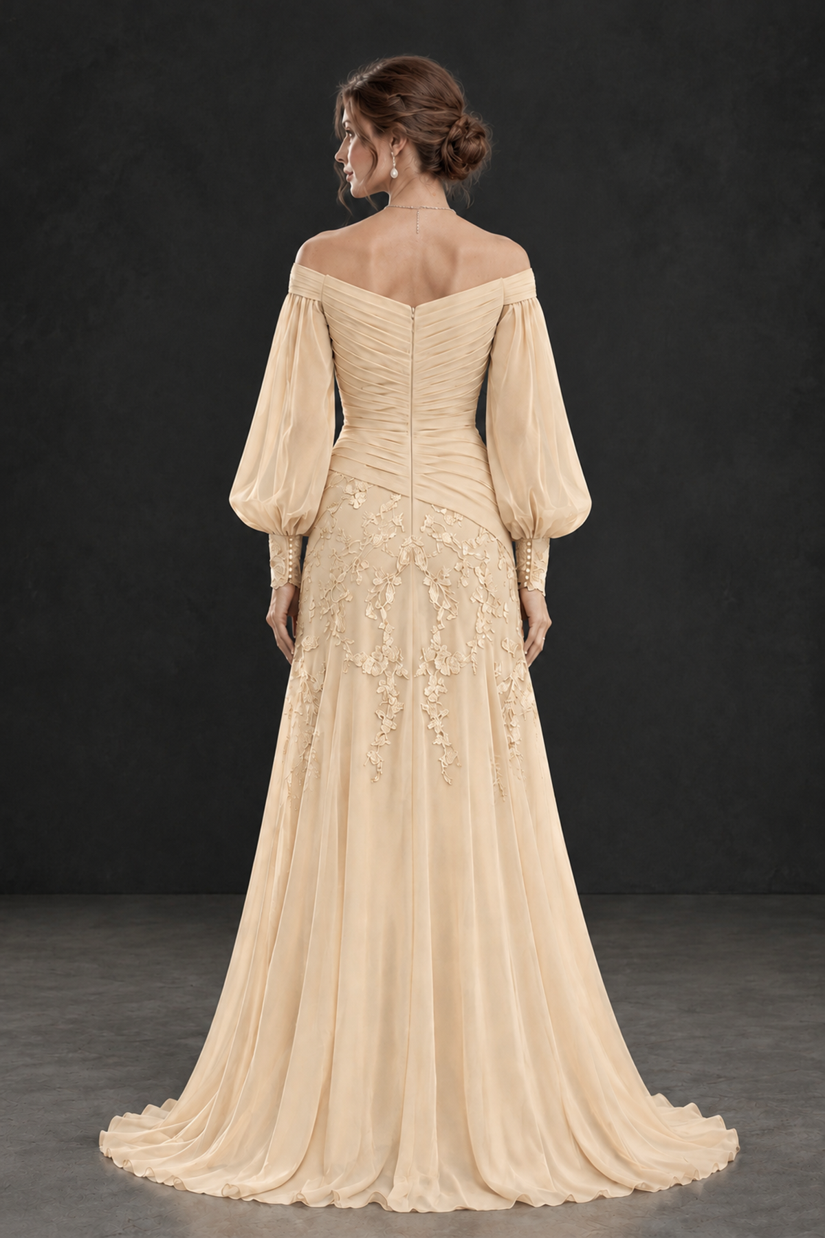 BOLODOO Champagne Long Sleeve Mother of the Bride Dress with Floral Appliqués - Champagne - Champagne (2)