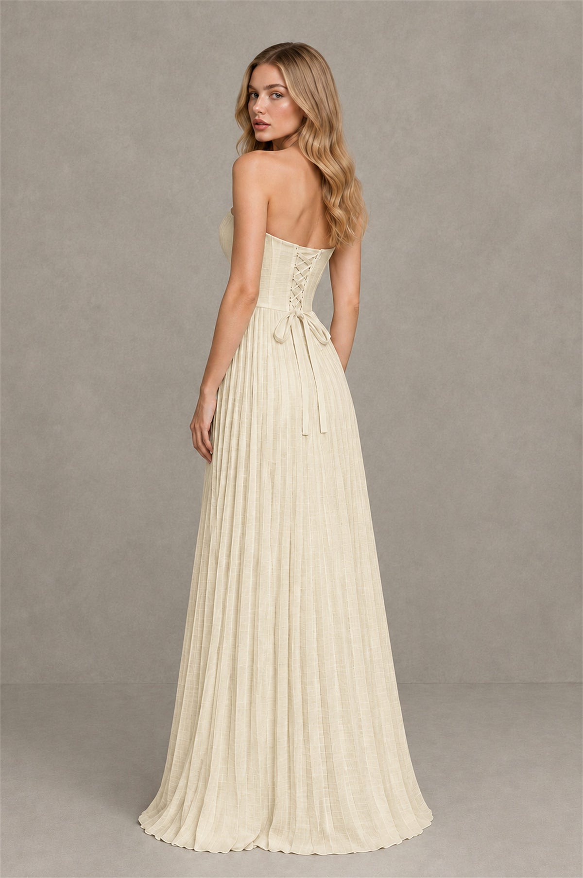 BOLODOO Champagne Strapless Sunburst Pleated Twisted Knot Lace-Up Back Accordion Pleated Chiffon Maxi Dress - Champagne
