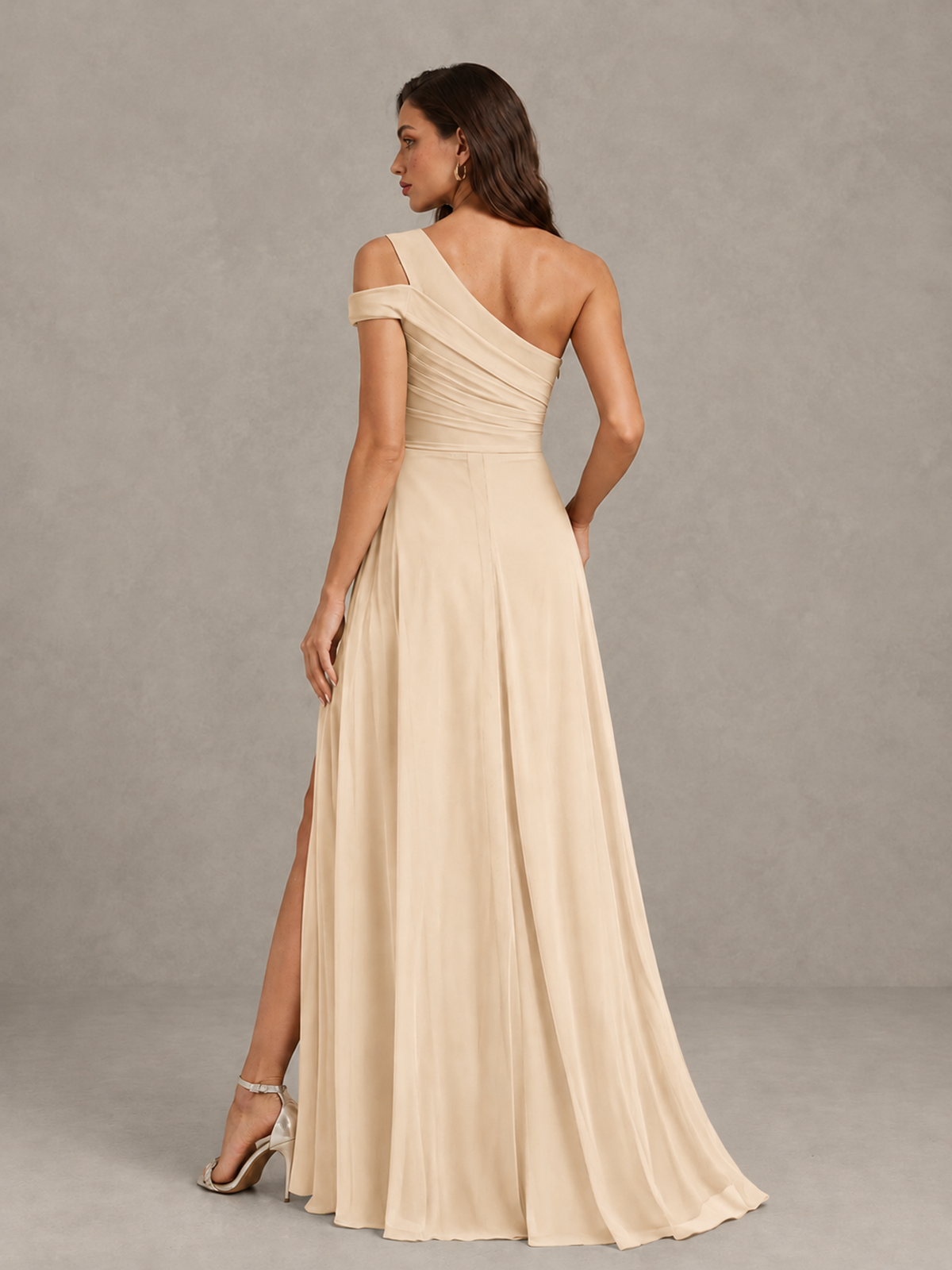 BOLODOO Champagne One-Shoulder Bridesmaid Dress with Side Slit - Champagne - Champagne (2)