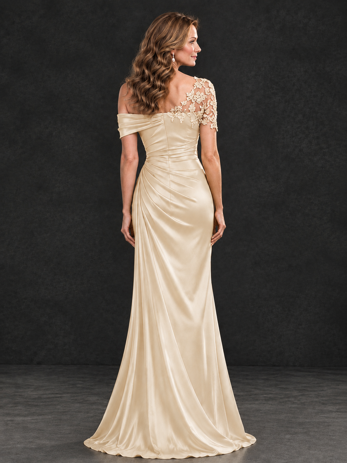 BOLODOO Champagne Asymmetric Satin Mother of the Bride Dress with Lace Sleeve - Champagne - Champagne (2)