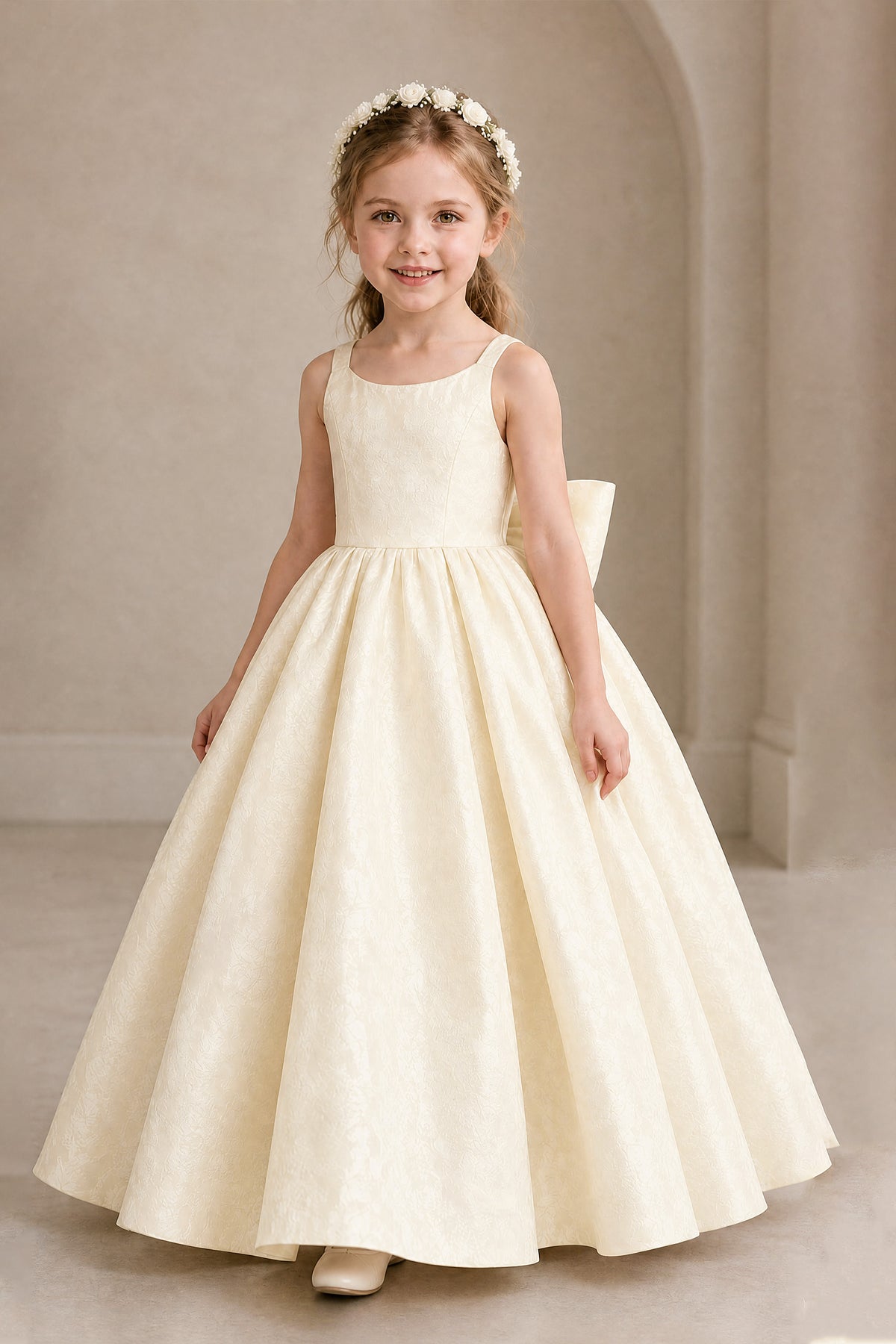 BOLODOO Champagne Girls' A-Line Flower Girl Dress with Back Bow - Champagne