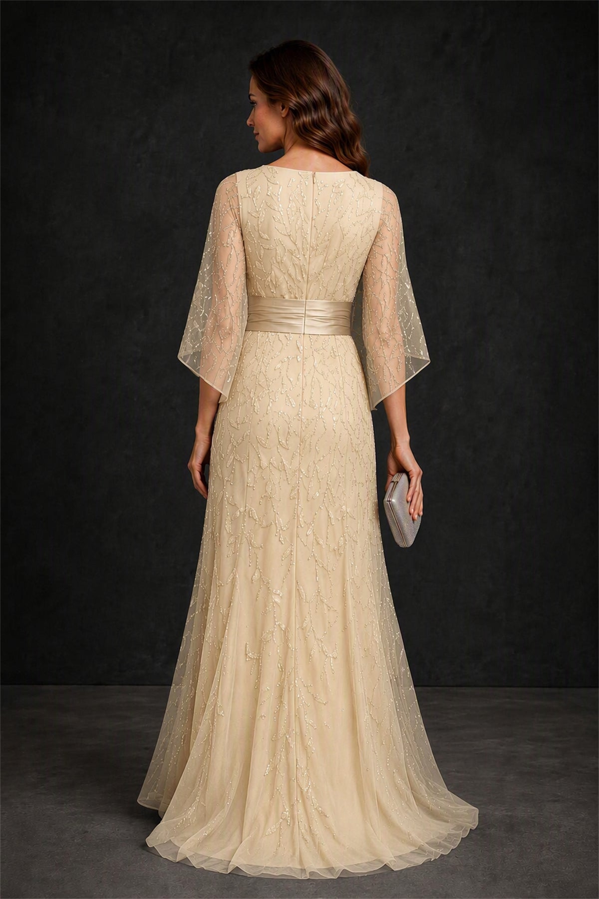 BOLODOO Champagne Bateau Neck Bell Sleeve Sequin Embroidered Satin Waist A-Line Maxi Dress - Champagne