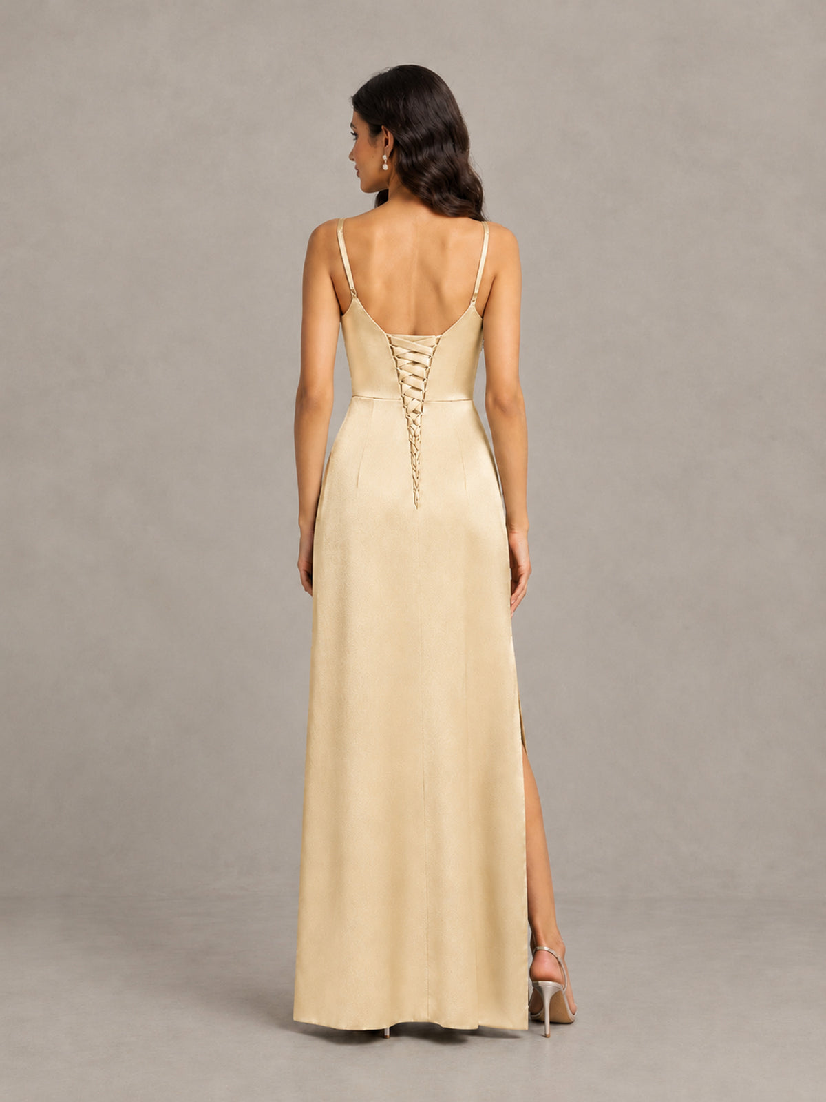 BOLODOO Champagne Cowl Neck Satin Bridesmaid Dress with Slit - Champagne - Champagne (2)