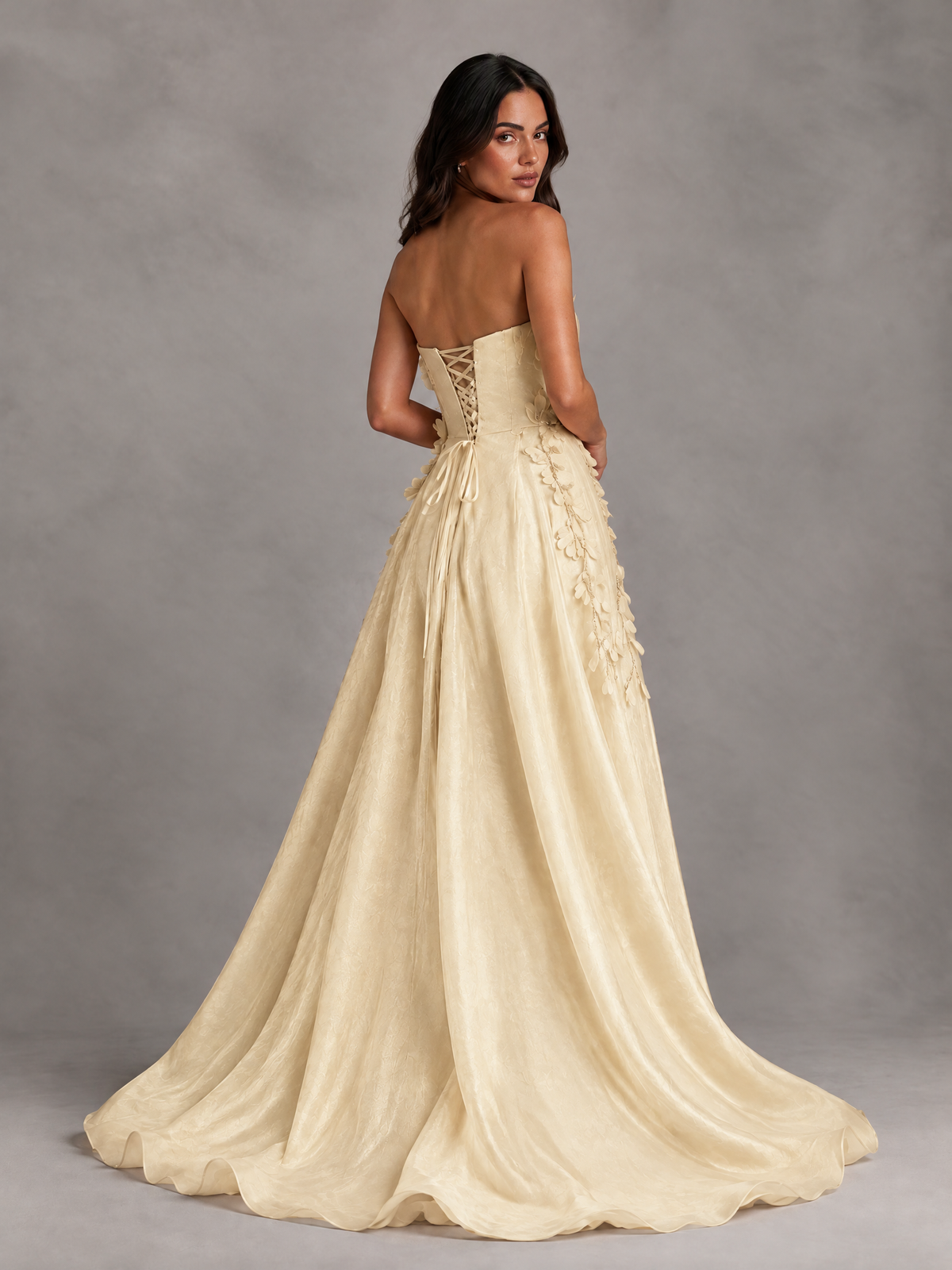 BOLODOO Champagne Strapless Floral Applique Prom Dress with Overskirt - Champagne - Champagne (2)