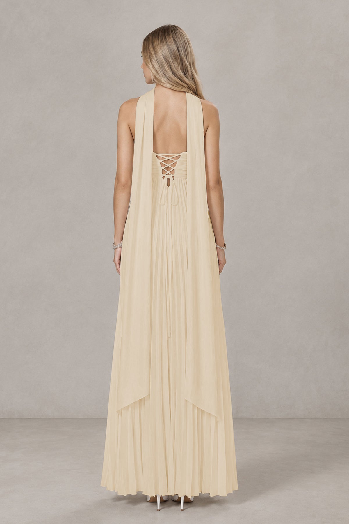 BOLODOO Champagne Strapless Chiffon-Look Maxi Dress with Lace-Up Back & Cape - Champagne